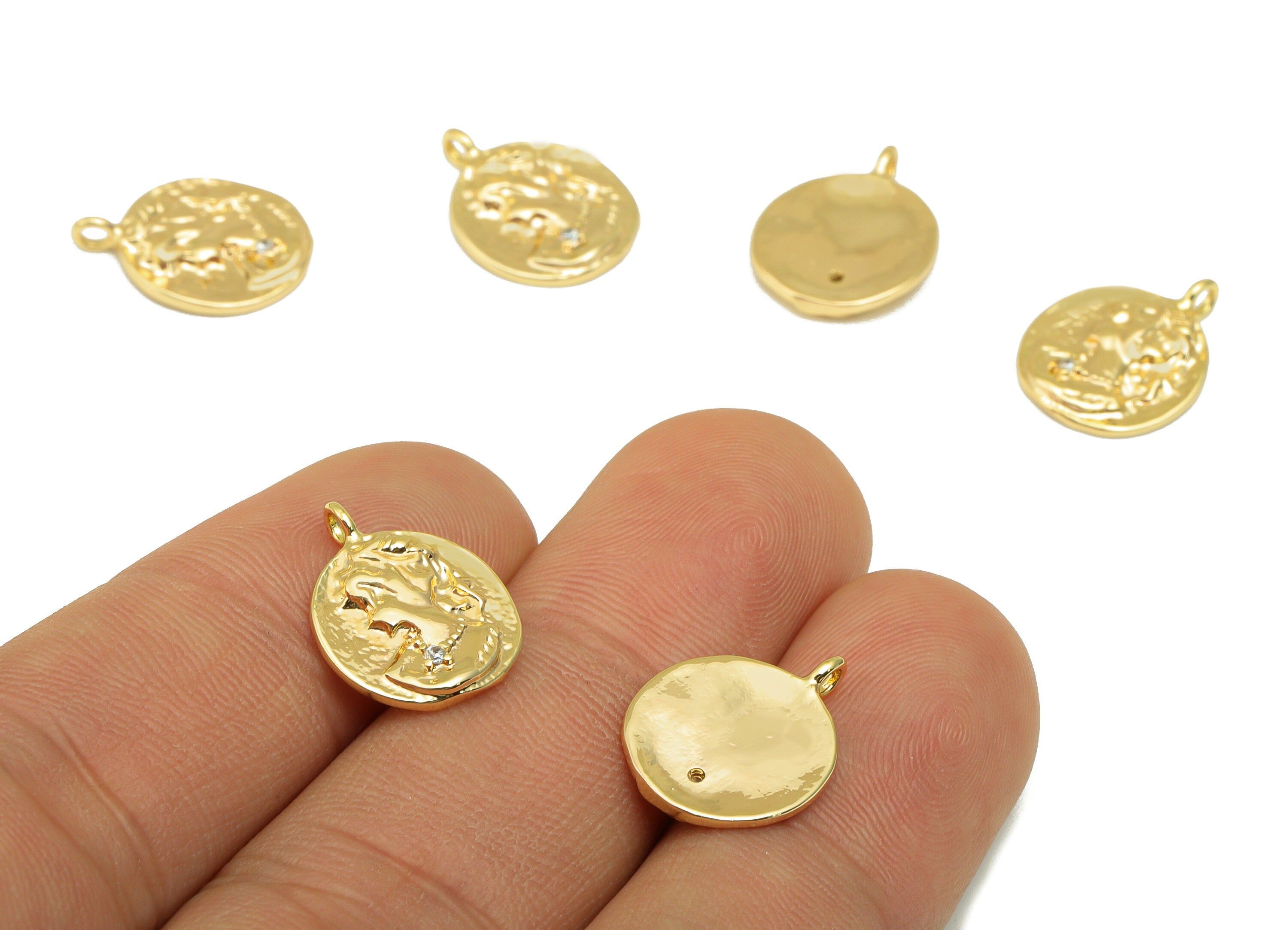 Brass Round Earring Charm - Hammered Girl Cubic Zircon Charm - Woman Antique Looking CZ Pendant - 18K Real Gold Plated -16x12x2mm-RGP4231 - DOMEDBAZAAR