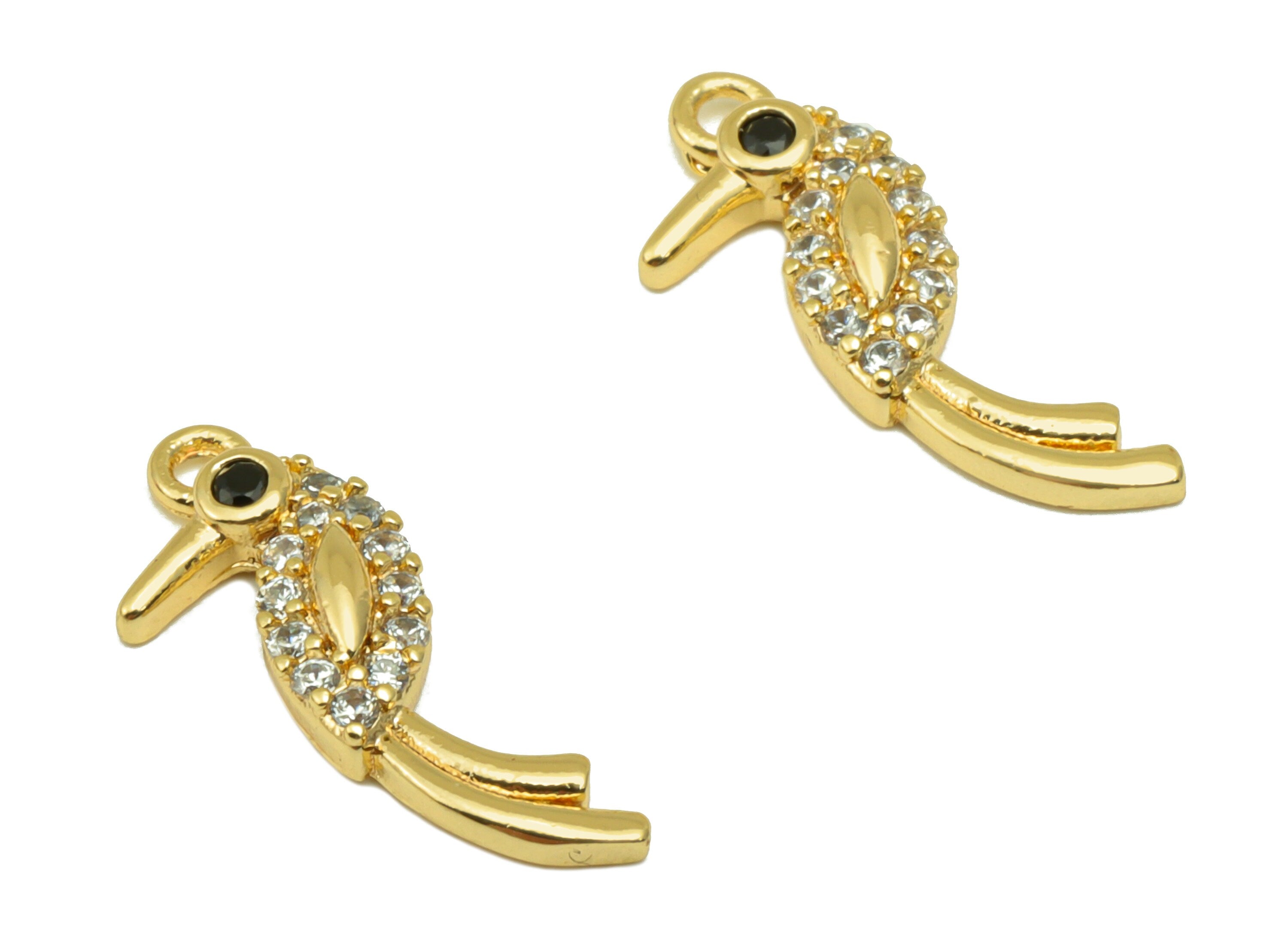 Brass Bird Earring Charm - Woodpecker Cubic Zircon Charm - Mini Seahorse CZ Pendant - For Necklace - 18K Real Gold Plated -17x7x2mm-RGP4092 - DOMEDBAZAAR