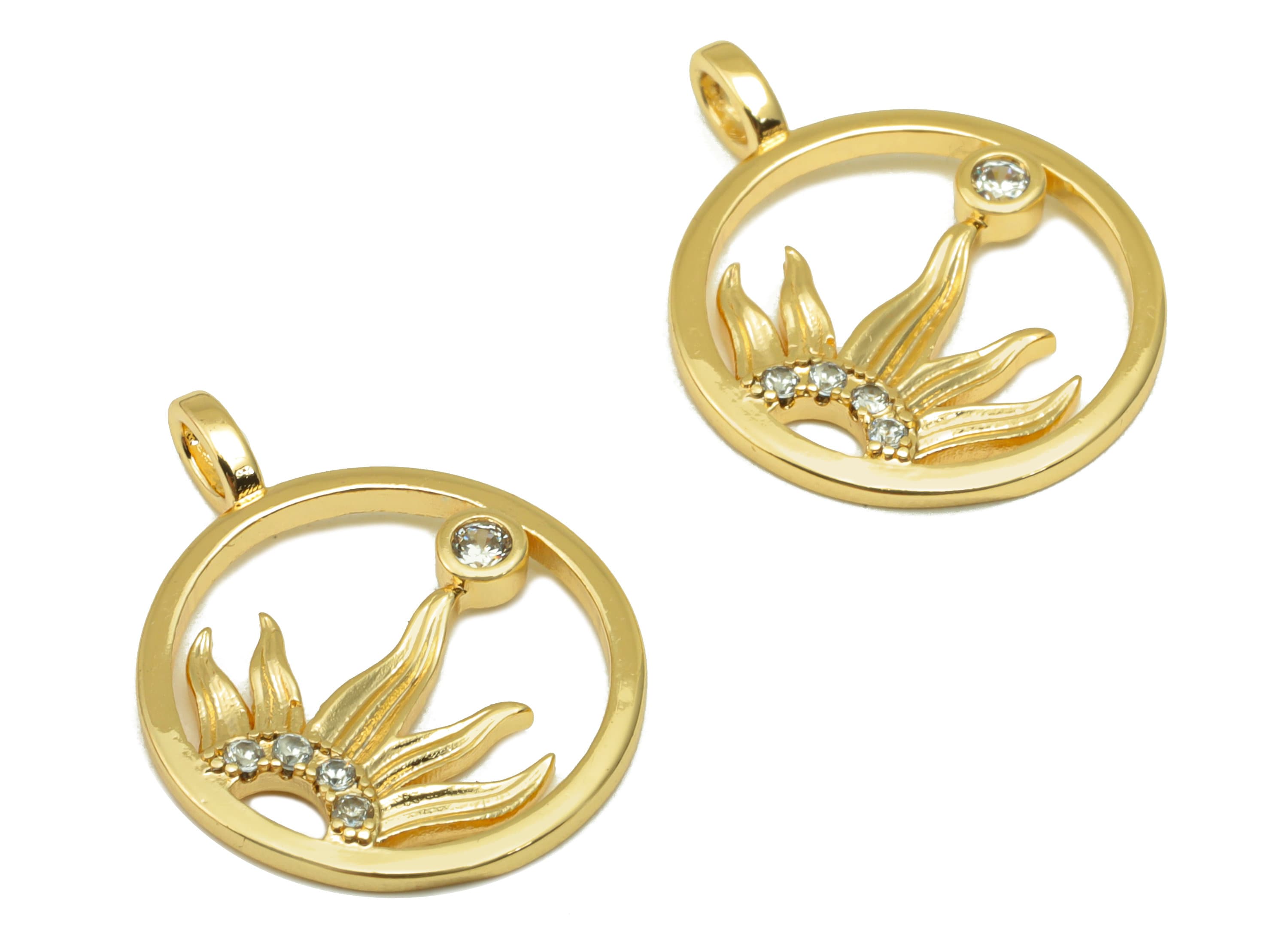 Brass Round Earring Charm -Brass Leaf Cubic Zircon Charm - Mini Half Sun CZ Pendant - For Necklace - 18K Real Gold Plated -20x15x2mm-RGP4191 - DOMEDBAZAAR