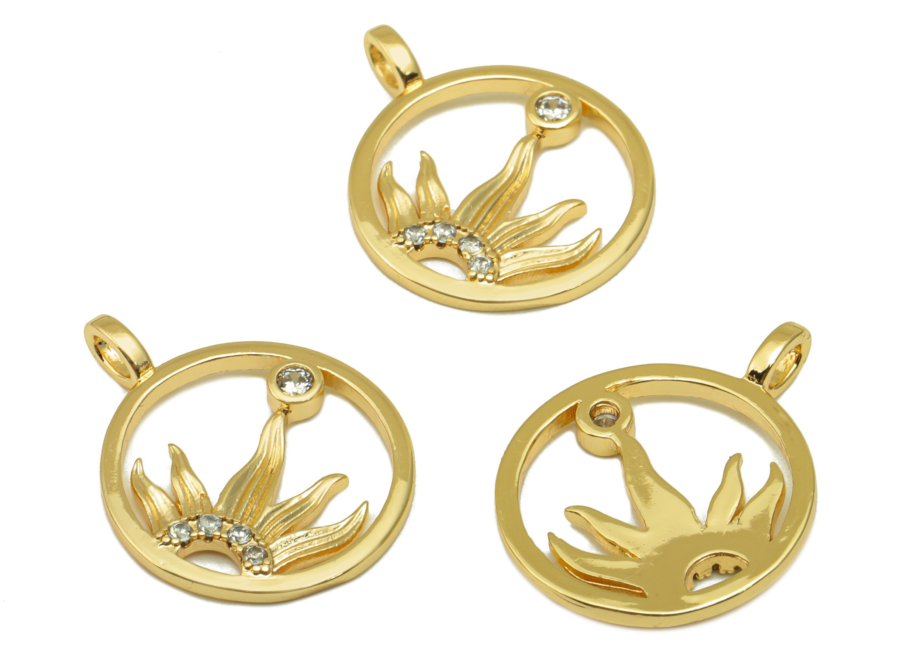 Brass Round Earring Charm -Brass Leaf Cubic Zircon Charm - Mini Half Sun CZ Pendant - For Necklace - 18K Real Gold Plated -20x15x2mm-RGP4191 - DOMEDBAZAAR