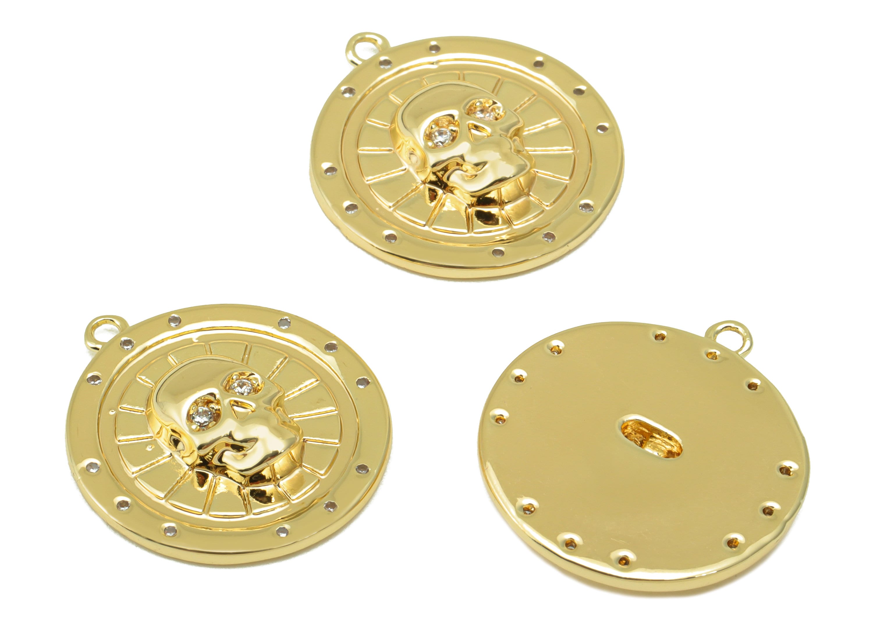 Brass Round Earring Charm - Skull Cubic Zirconia Charm - Brass CZ Skull Pendant - 18k Real Gold Plated - 19.73x 17.76 x 3.69mm- RGP6488 - DOMEDBAZAAR