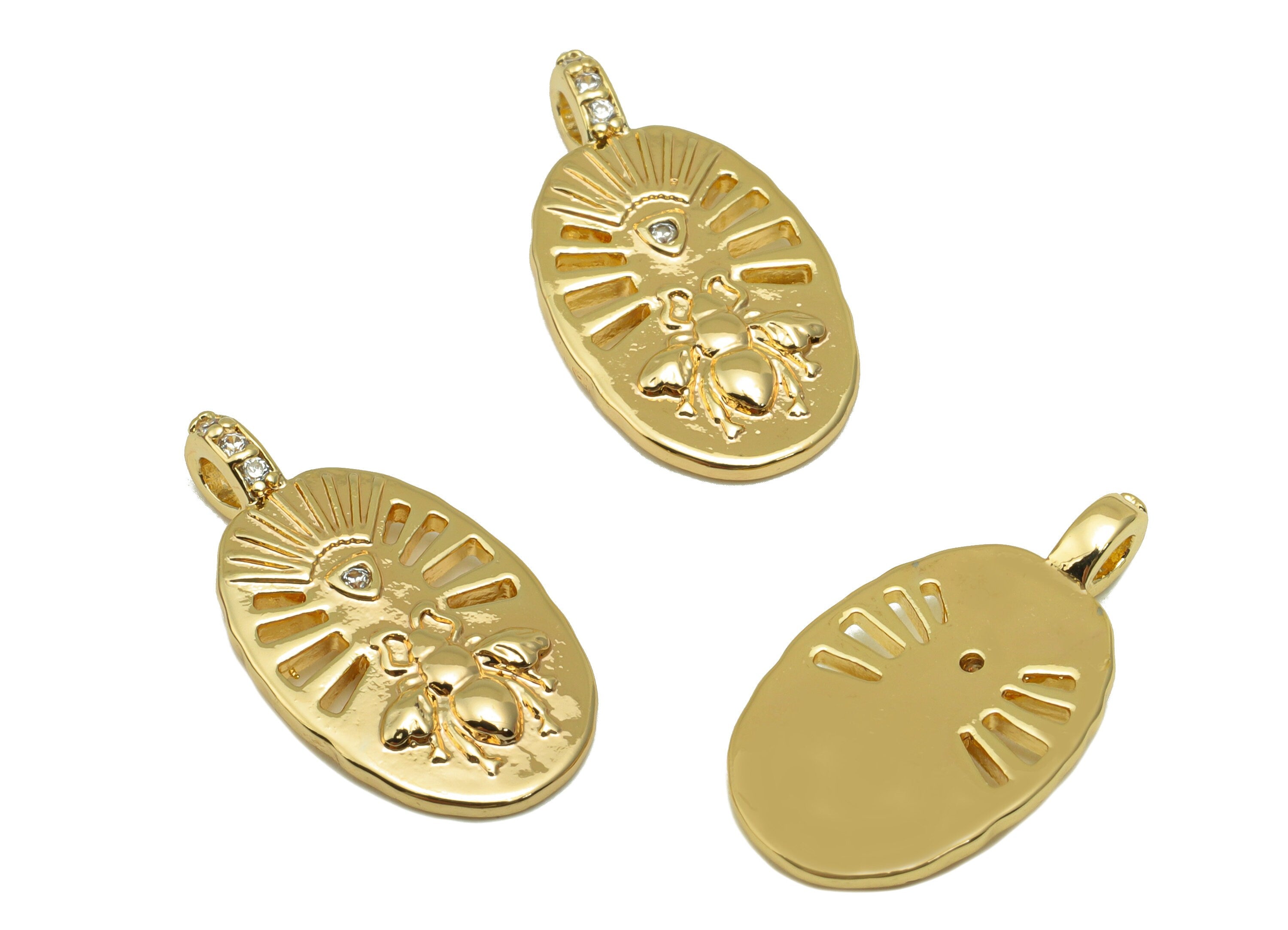 Brass Ellipse Earring Charm - Brass Bee Cubic Zirconia Charm - Insect Pendant for Pearl - 18k Real Gold Plated - 21.88x11.81x1.66mm- RGP6493 - DOMEDBAZAAR