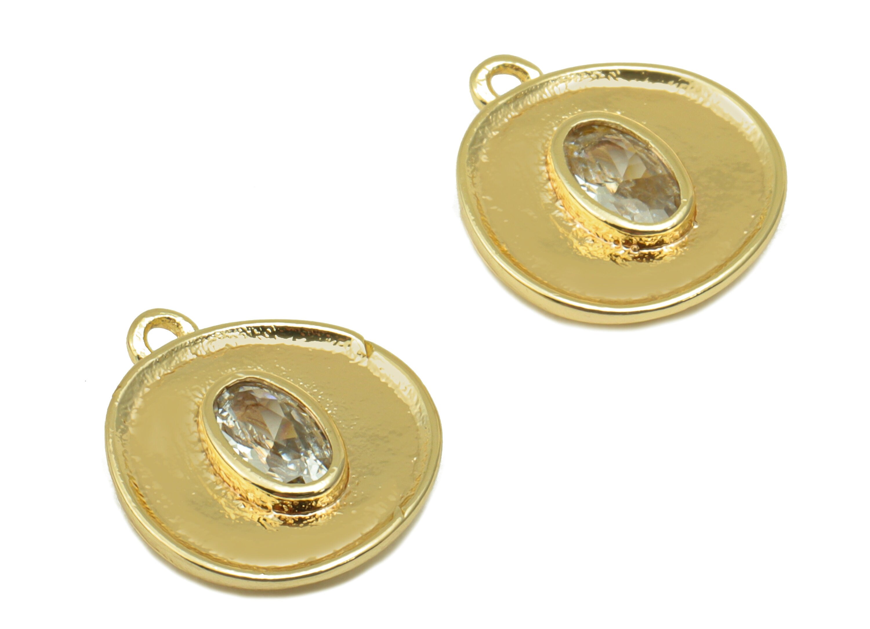 Brass Bent Round Charm - Brass Oval Cubic Zirconia Earring Charm - Textured Pendant- 18k Real Gold Plated - 12.6 x 10.77 x 2.77mm- RGP6515 - DOMEDBAZAAR
