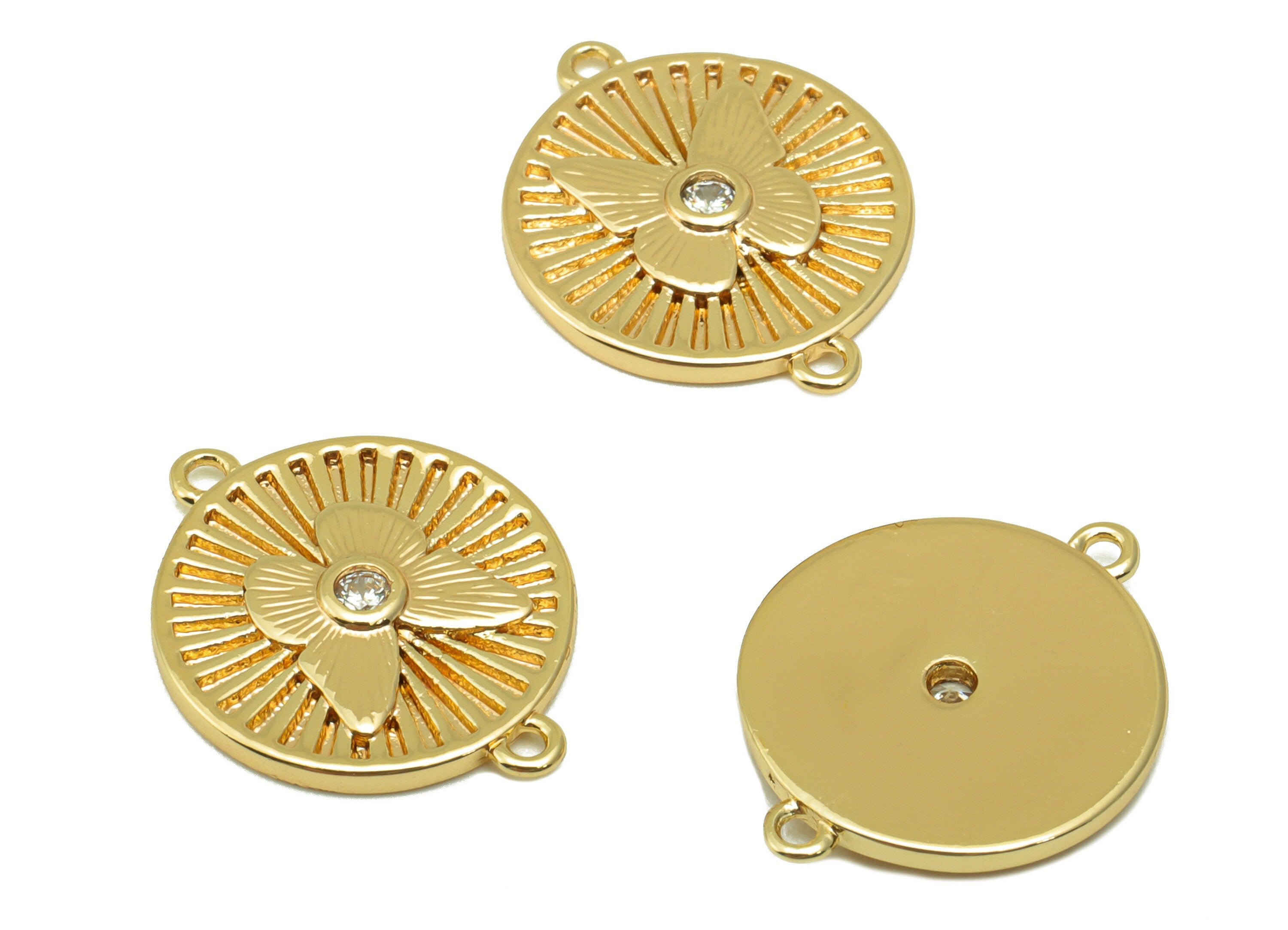 Brass Butterfly Round Connector - Cubic Zirconia Earring Charm - Butterfly Pendant- For Necklace - 18k Real Gold Plated - 19x16x2mm- RGP6512 - DOMEDBAZAAR
