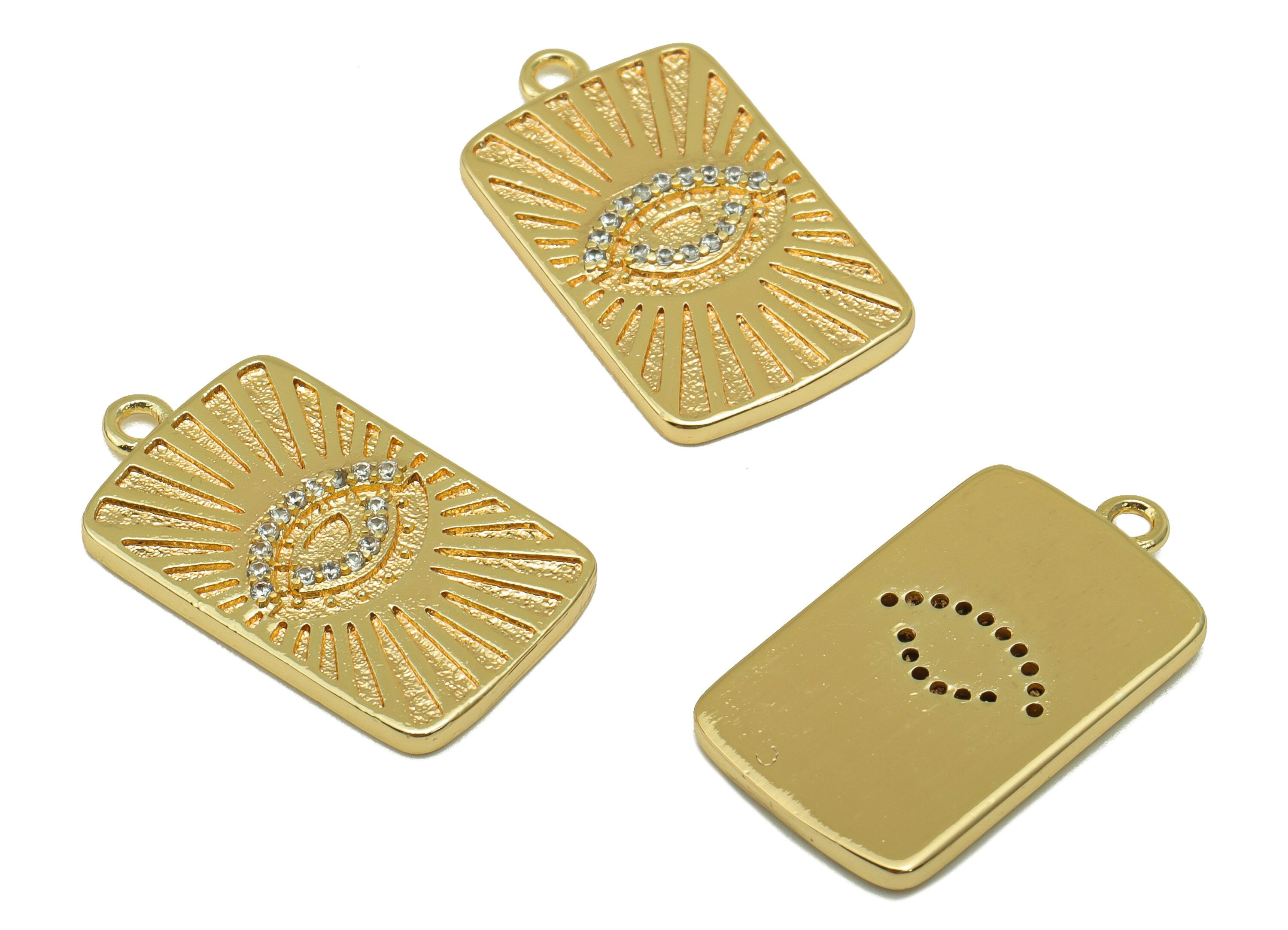 Brass Rectangle Earring Charm - Eye Cubic Zirconia Charm - Textured Pendant - For Necklace - 18k Real Gold Plated - 23.38x13.38x2mm- RGP6505 - DOMEDBAZAAR