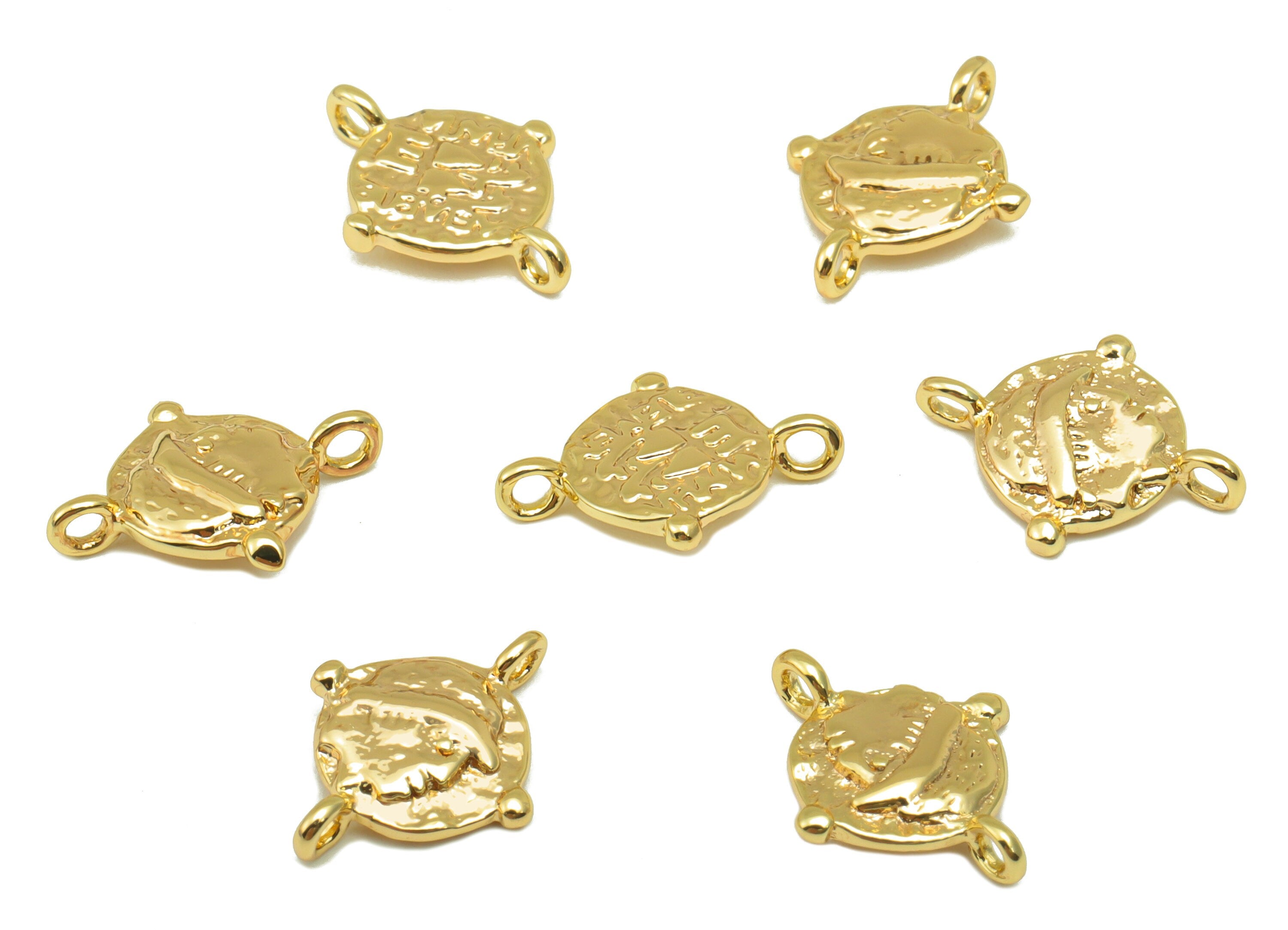 Brass Earring Connector - Hammered Portrait Charm - Antique Looking Pendant - Bracelet Charm - 18k Real Gold Plated - 14x10x2mm- RGP6537 - DOMEDBAZAAR