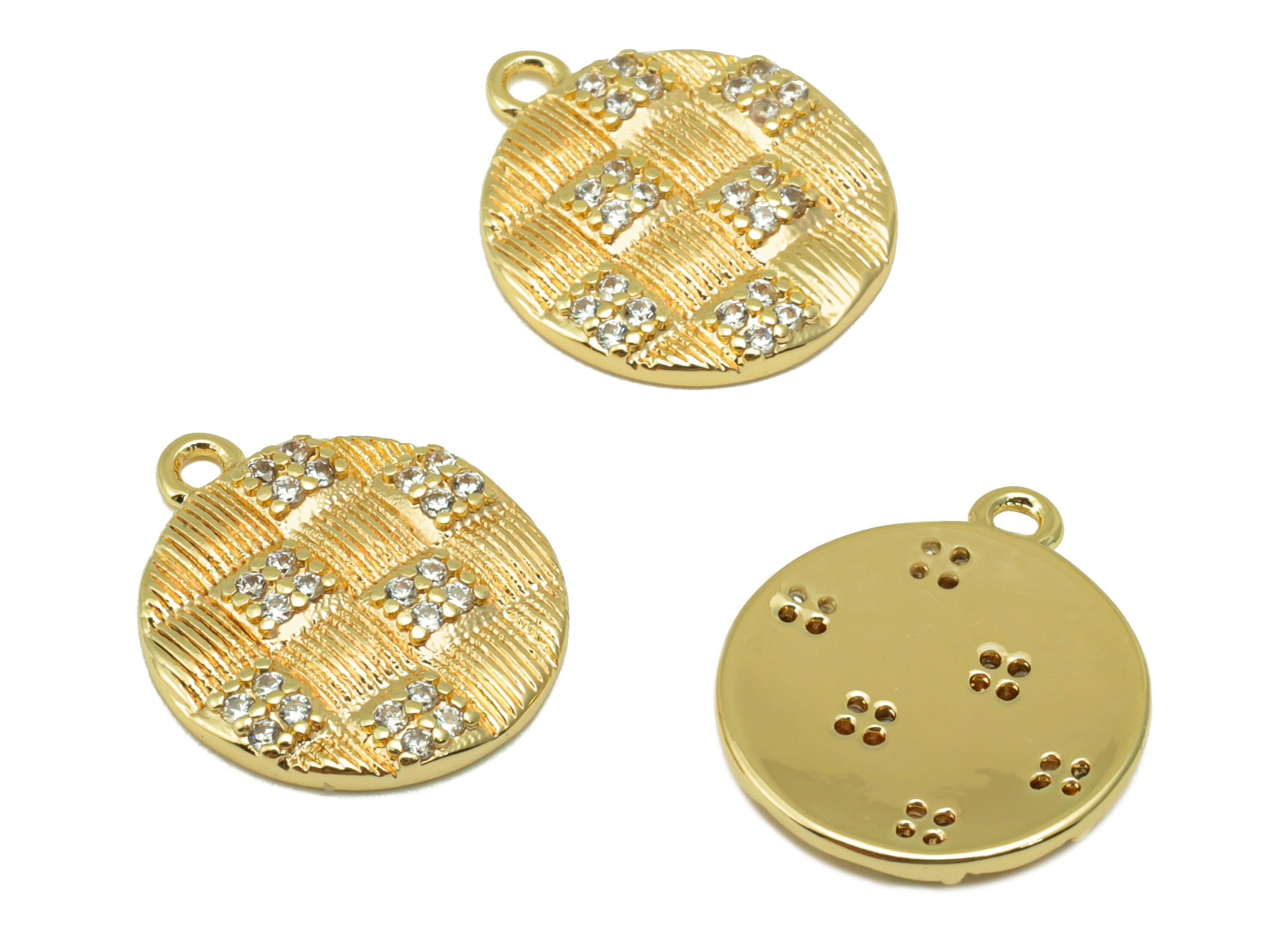Brass Round Earring Charm - Brass Square Cubic Zirconia Charm - Gold CZ Pendant - 18k Real Gold Plated - 13.74 x 11.97 x 1.66mm- RGP6572 - DOMEDBAZAAR