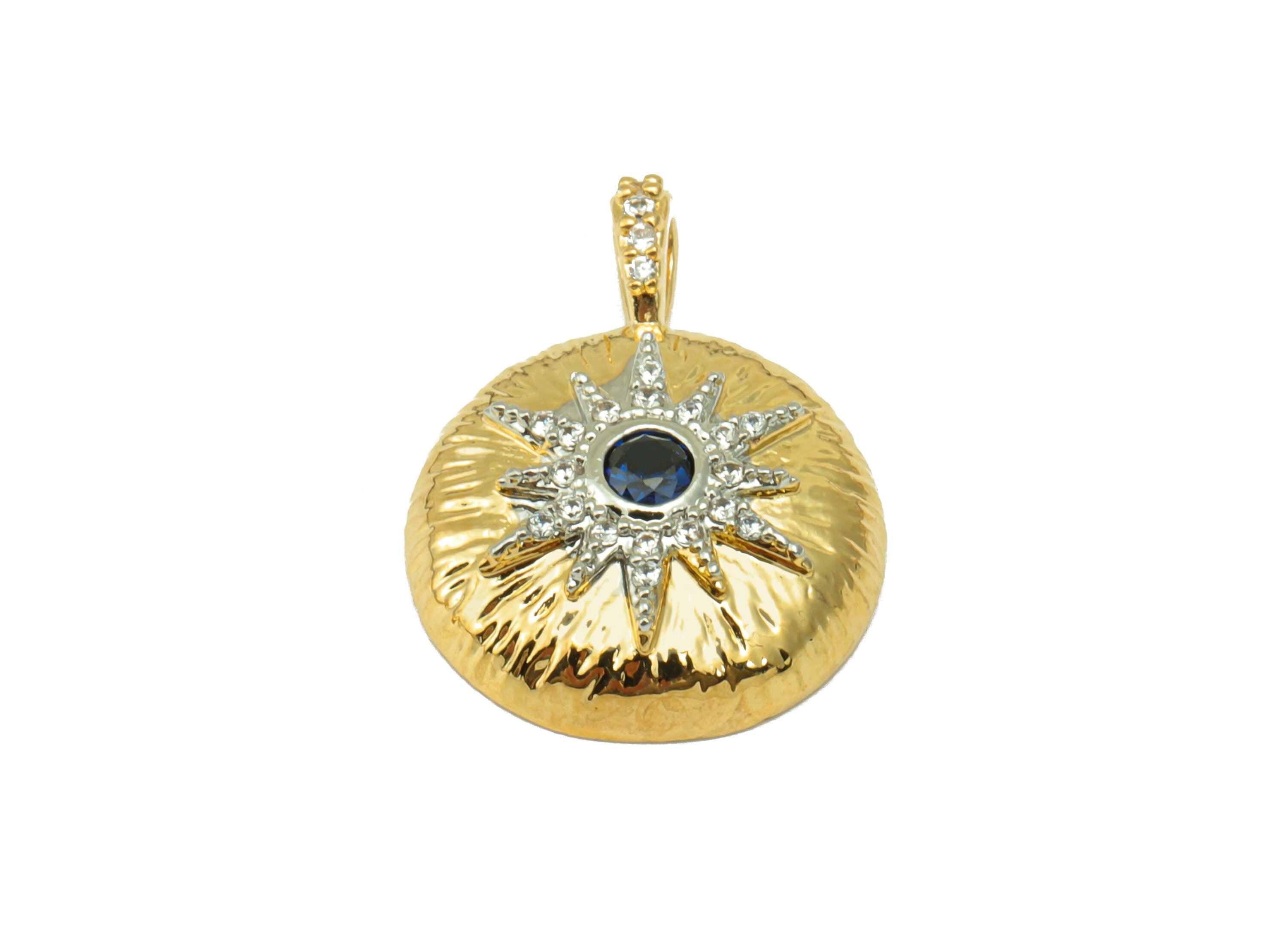 Brass Round Earring Charm - Brass Sun Cubic Zirconia Charm - Textured Blue CZ Pendant - 18k Real Gold Plated - 20.14x15.74x 1.96mm- RGP6573 - DOMEDBAZAAR