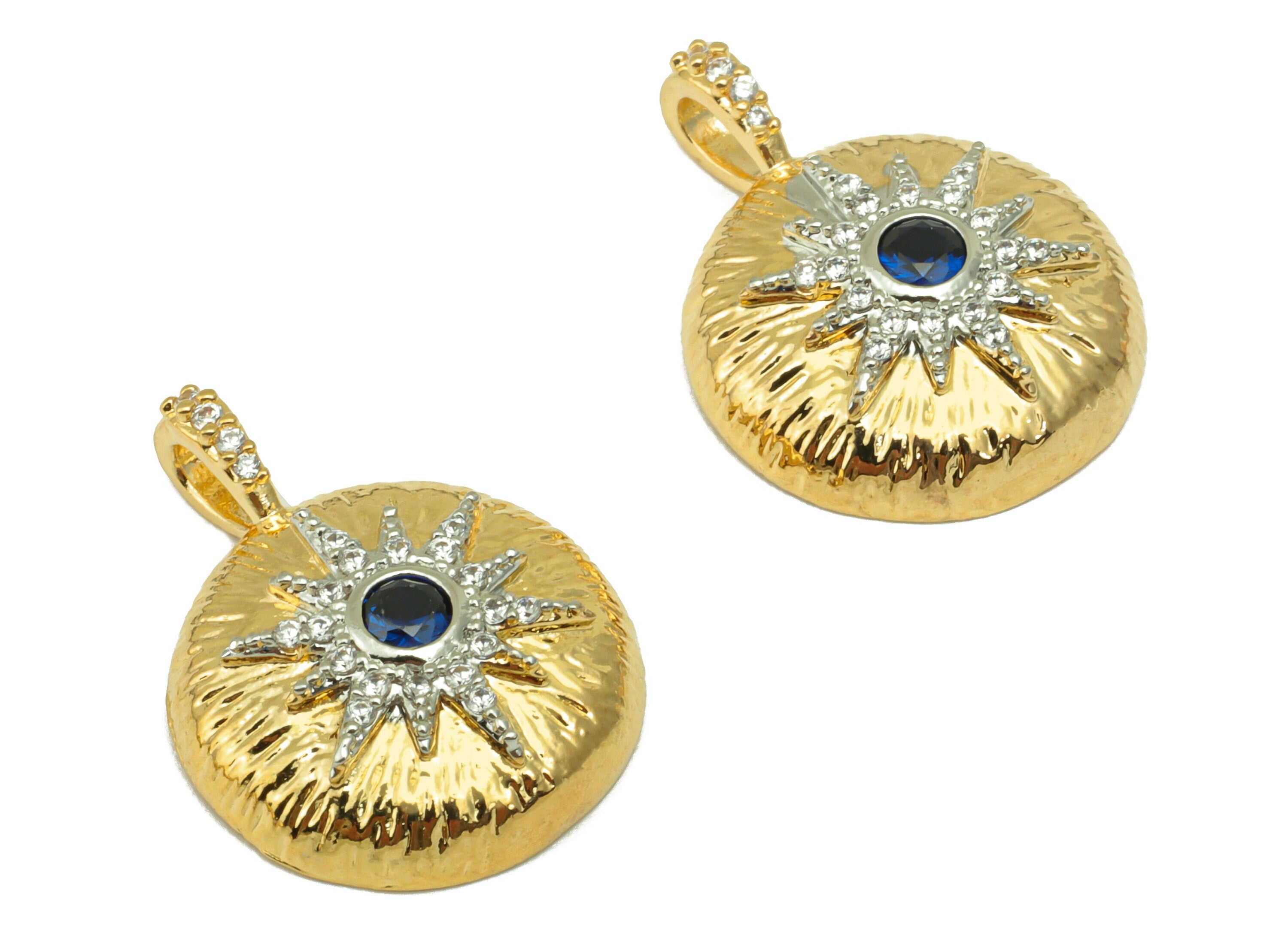 Brass Round Earring Charm - Brass Sun Cubic Zirconia Charm - Textured Blue CZ Pendant - 18k Real Gold Plated - 20.14x15.74x 1.96mm- RGP6573 - DOMEDBAZAAR