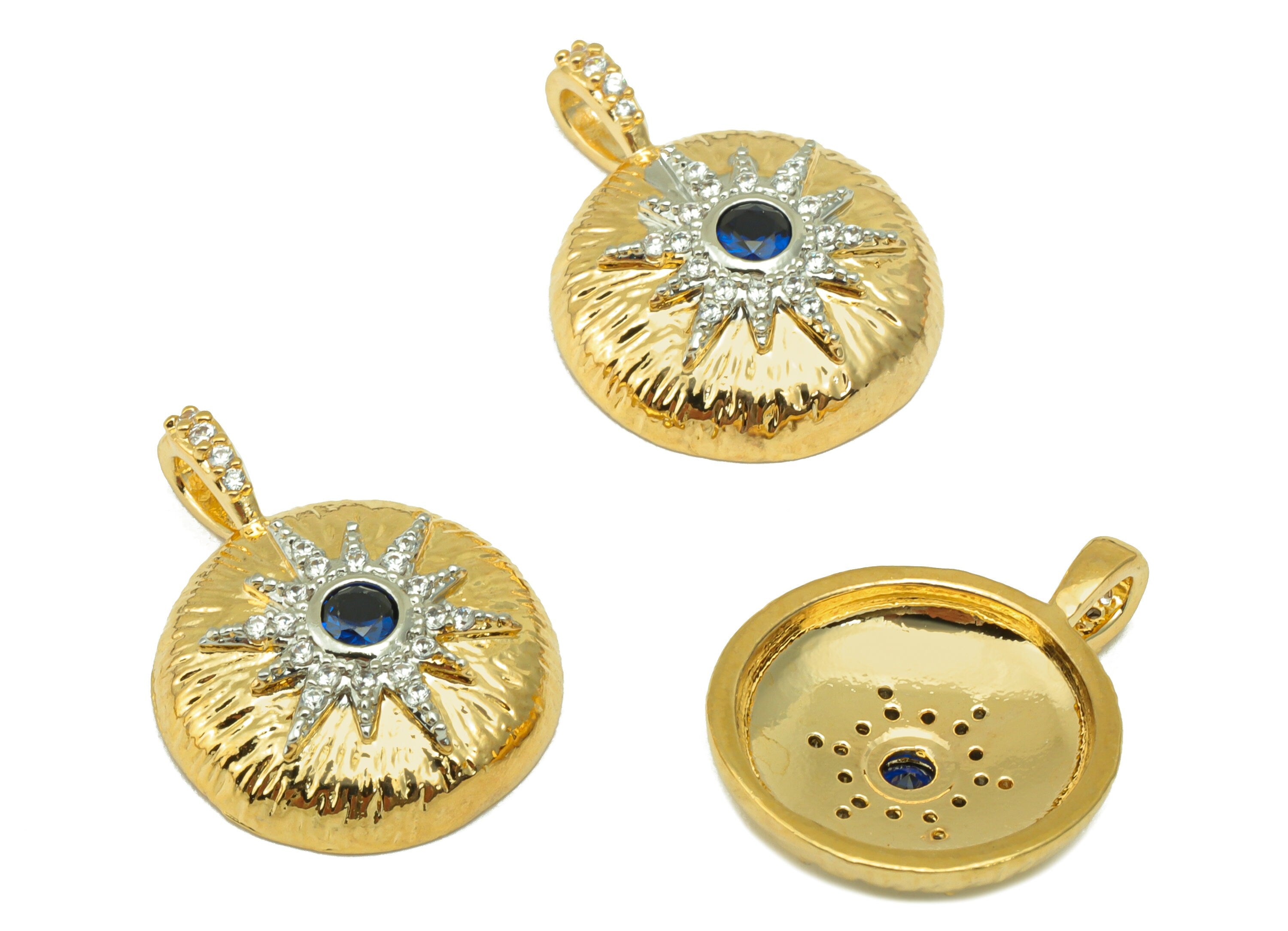 Brass Round Earring Charm - Brass Sun Cubic Zirconia Charm - Textured Blue CZ Pendant - 18k Real Gold Plated - 20.14x15.74x 1.96mm- RGP6573 - DOMEDBAZAAR