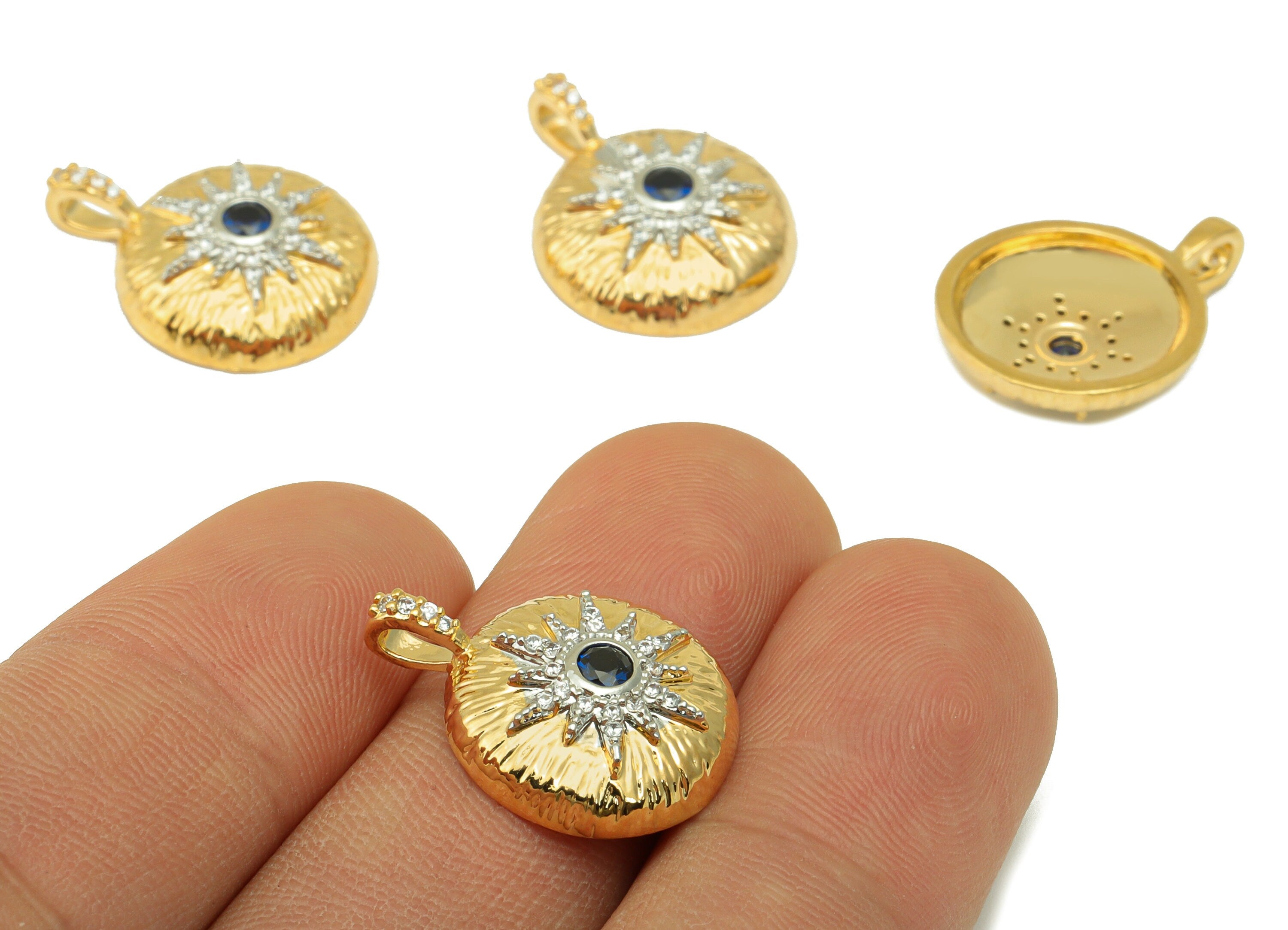 Brass Round Earring Charm - Brass Sun Cubic Zirconia Charm - Textured Blue CZ Pendant - 18k Real Gold Plated - 20.14x15.74x 1.96mm- RGP6573 - DOMEDBAZAAR