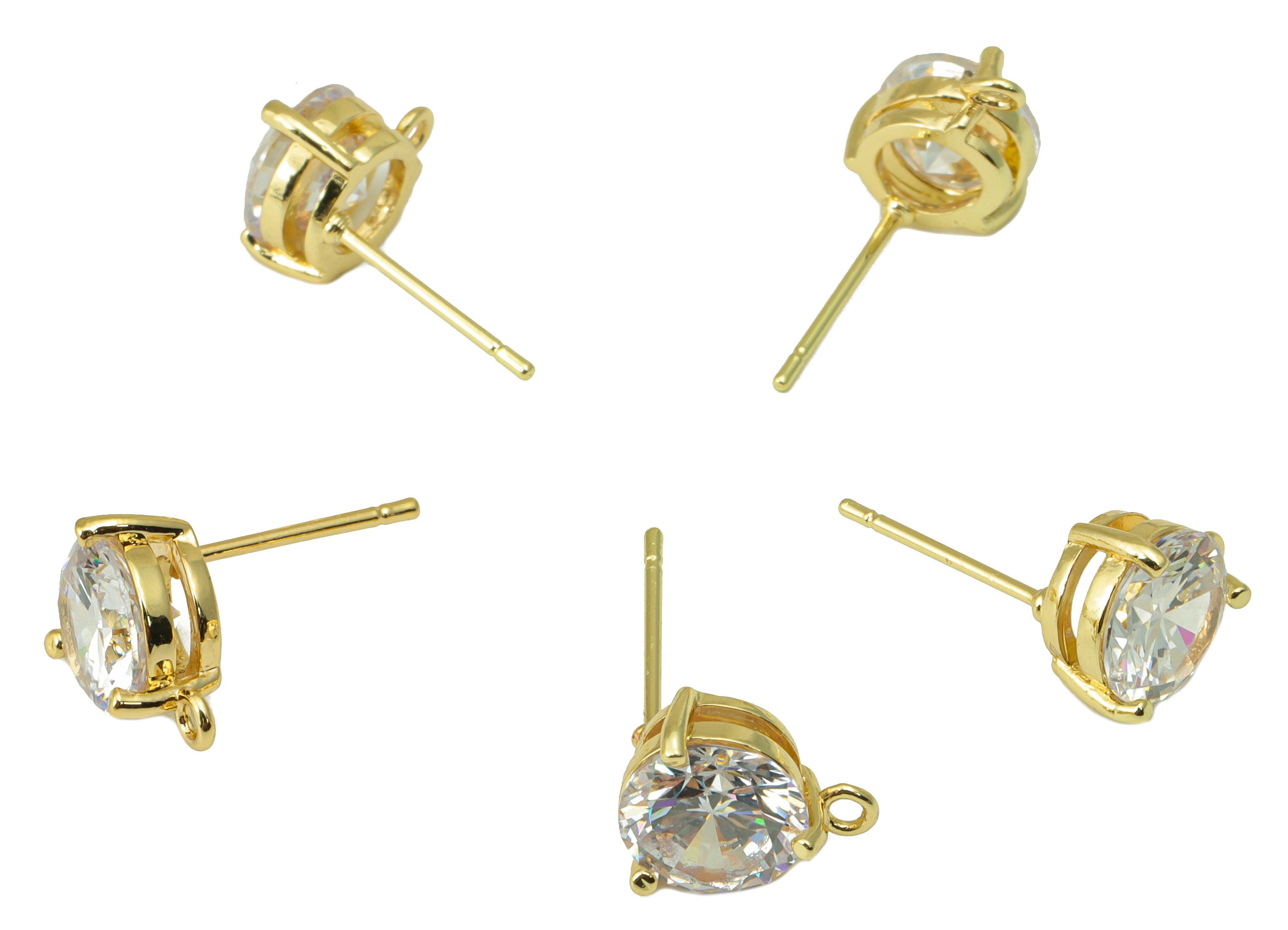 Brass Round Earring Stud - Gold Circle CZ Earring Post -Cubic Zircon Stud with Loop - Gold Tone Plated Brass - 10.85x8.8x5mm- PP1071G - DOMEDBAZAAR