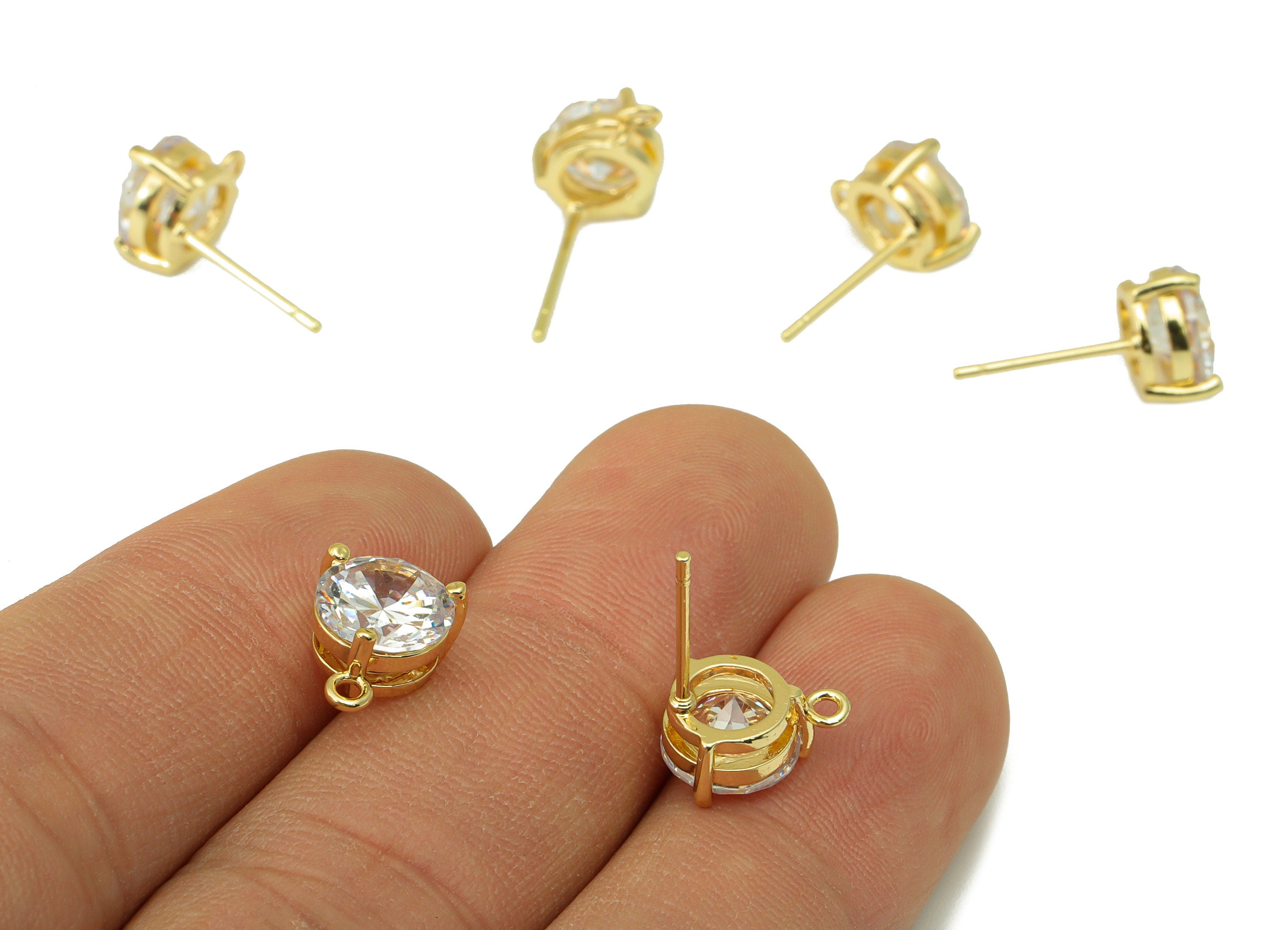 Brass Round Earring Stud - Gold Circle CZ Earring Post -Cubic Zircon Stud with Loop - Gold Tone Plated Brass - 10.85x8.8x5mm- PP1071G - DOMEDBAZAAR