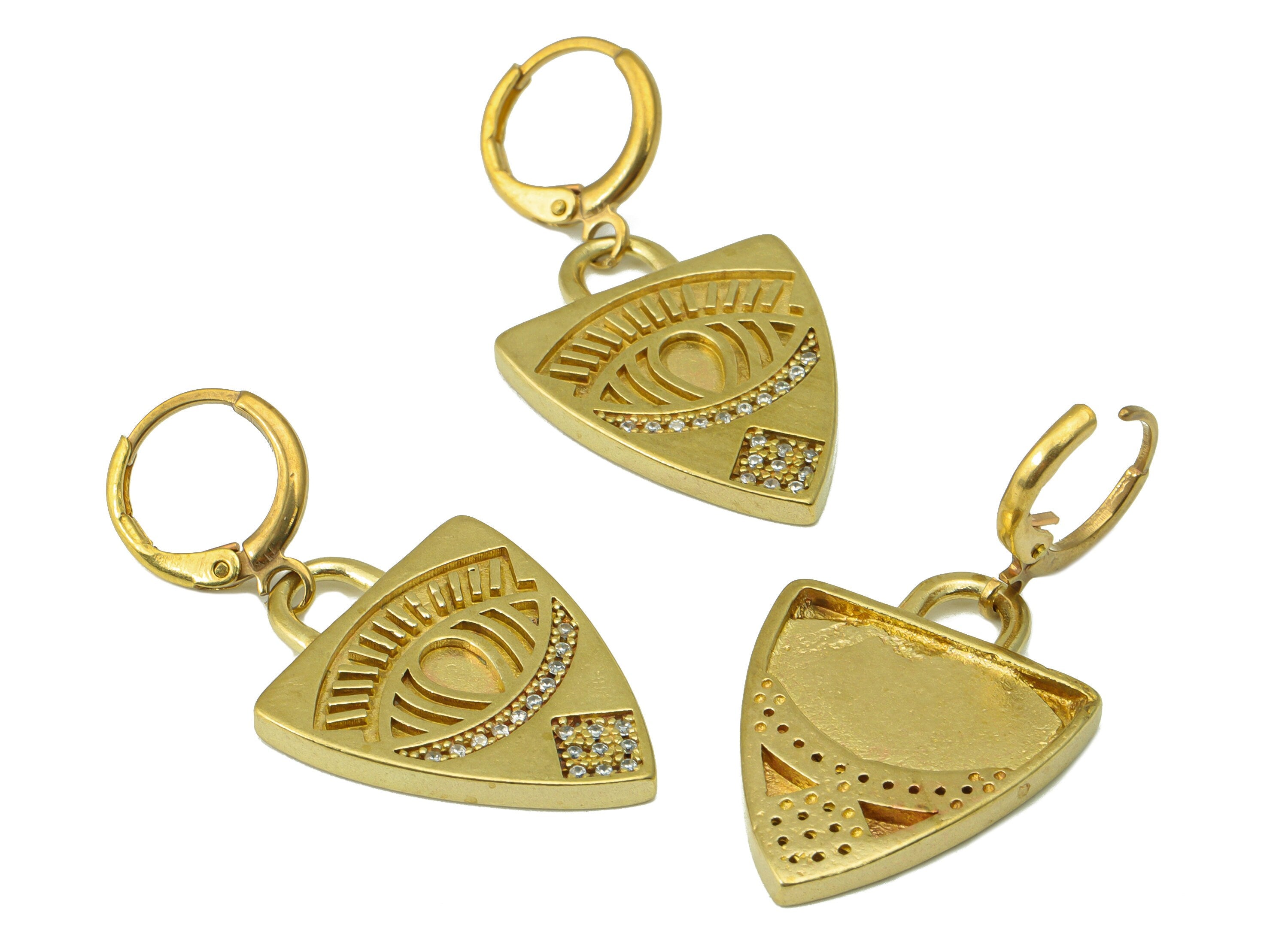 Brass Triangle Eye Clasp - Raw Brass Eyelash Hoop Clasp -Brass Huggie  Clasp - Brass Shield Clasp Cubic Zircon -38.48x19.49x2.27mm - PP8591 - DOMEDBAZAAR