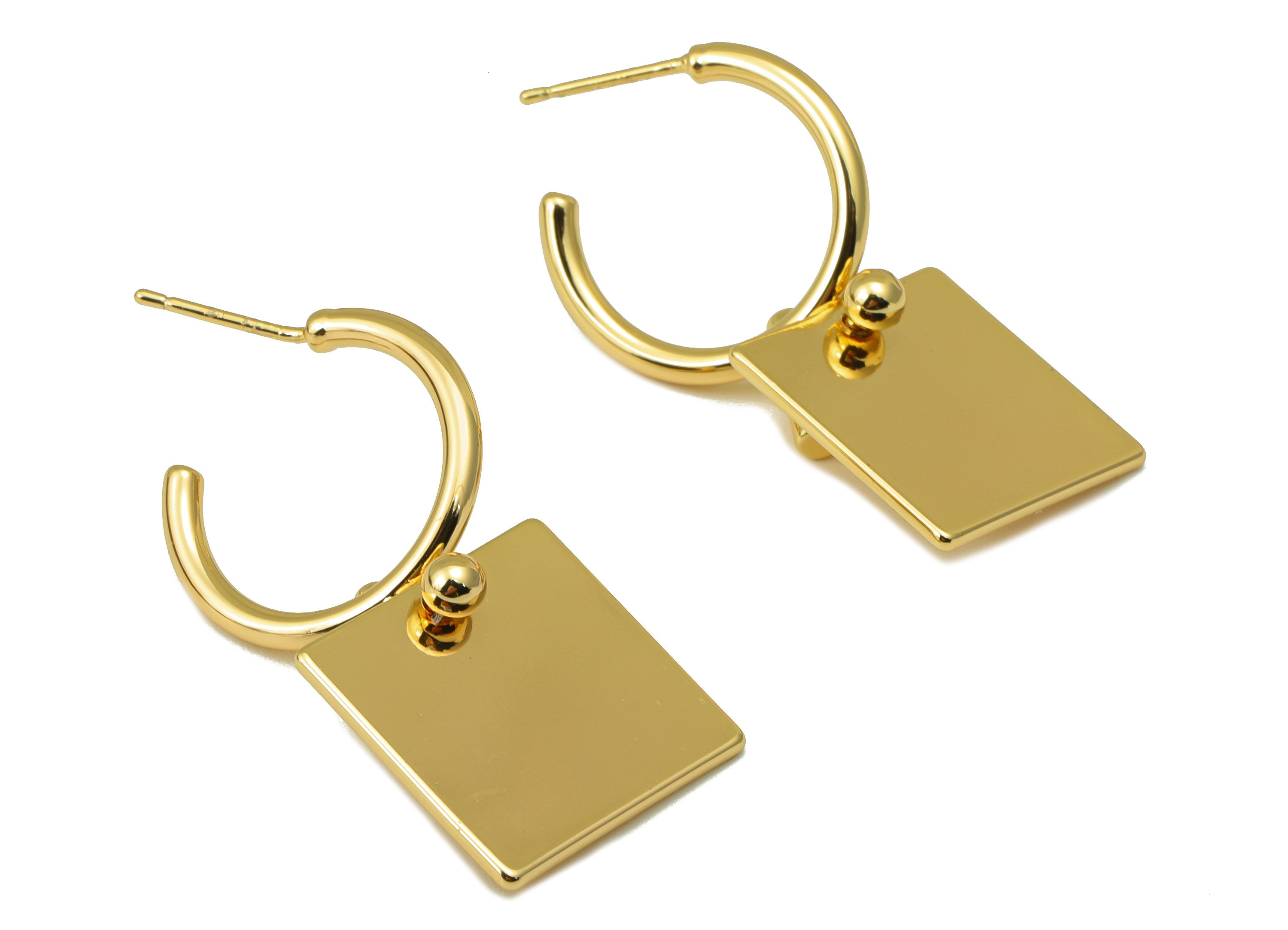 Brass Open Hoop Earring Stud - Brass Gold Square Earring Post - Brass Square Dangle Earring - 18k real gold-plated -35.7x18.36x1mm- RGP6647 - DOMEDBAZAAR