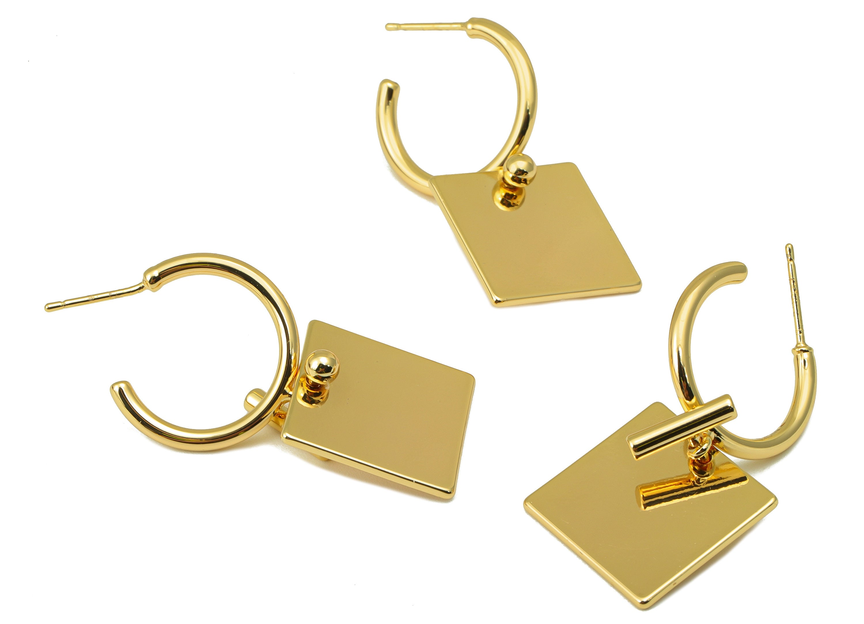 Brass Open Hoop Earring Stud - Brass Gold Square Earring Post - Brass Square Dangle Earring - 18k real gold-plated -35.7x18.36x1mm- RGP6647 - DOMEDBAZAAR