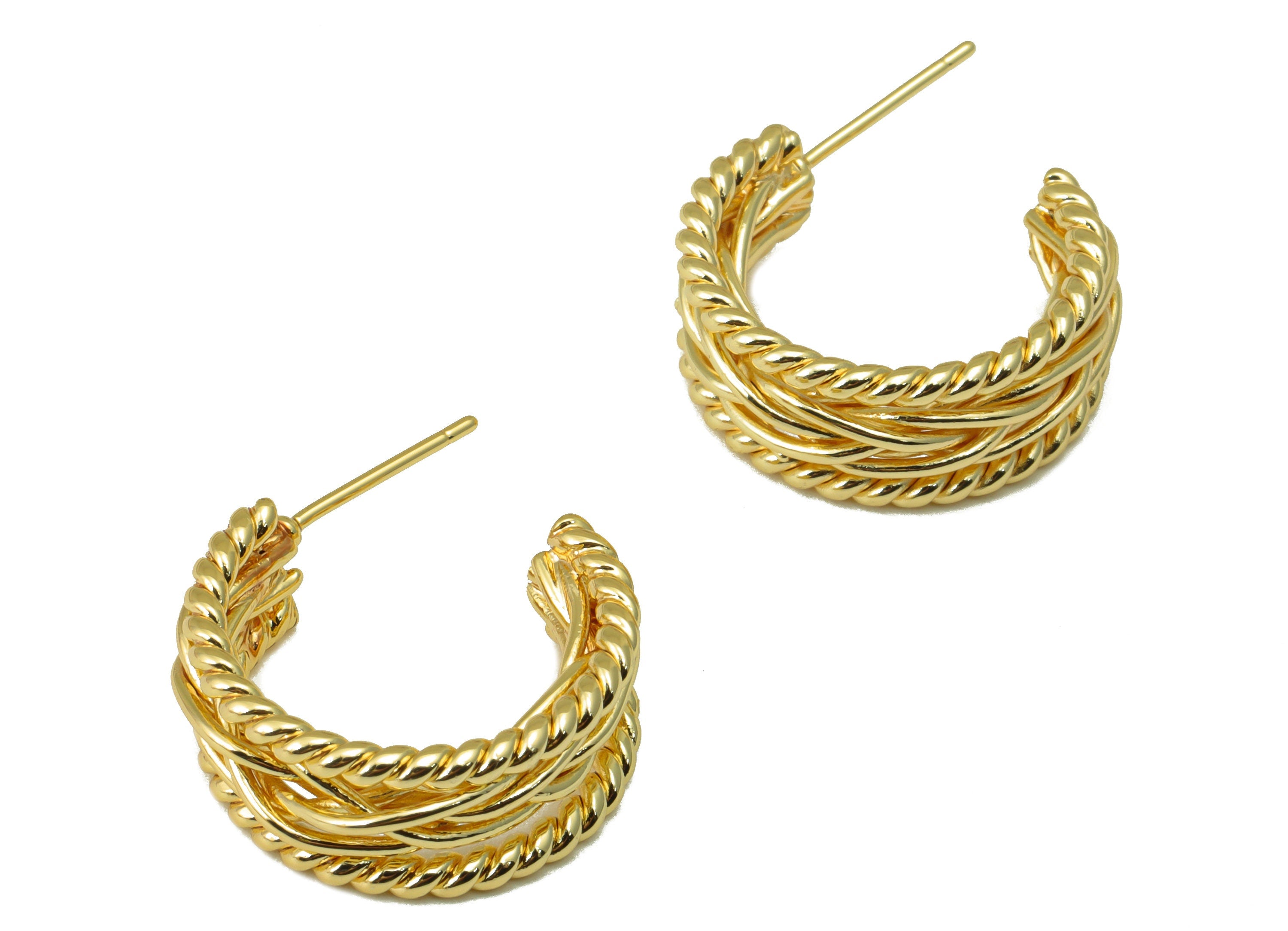 Brass Open Hoop Earring Stud - Chain Earring Post - Weave Wire Thick Earring -Twisted Earring Post- 18k real gold-plated -24x20x3mm- RGP6607 - DOMEDBAZAAR