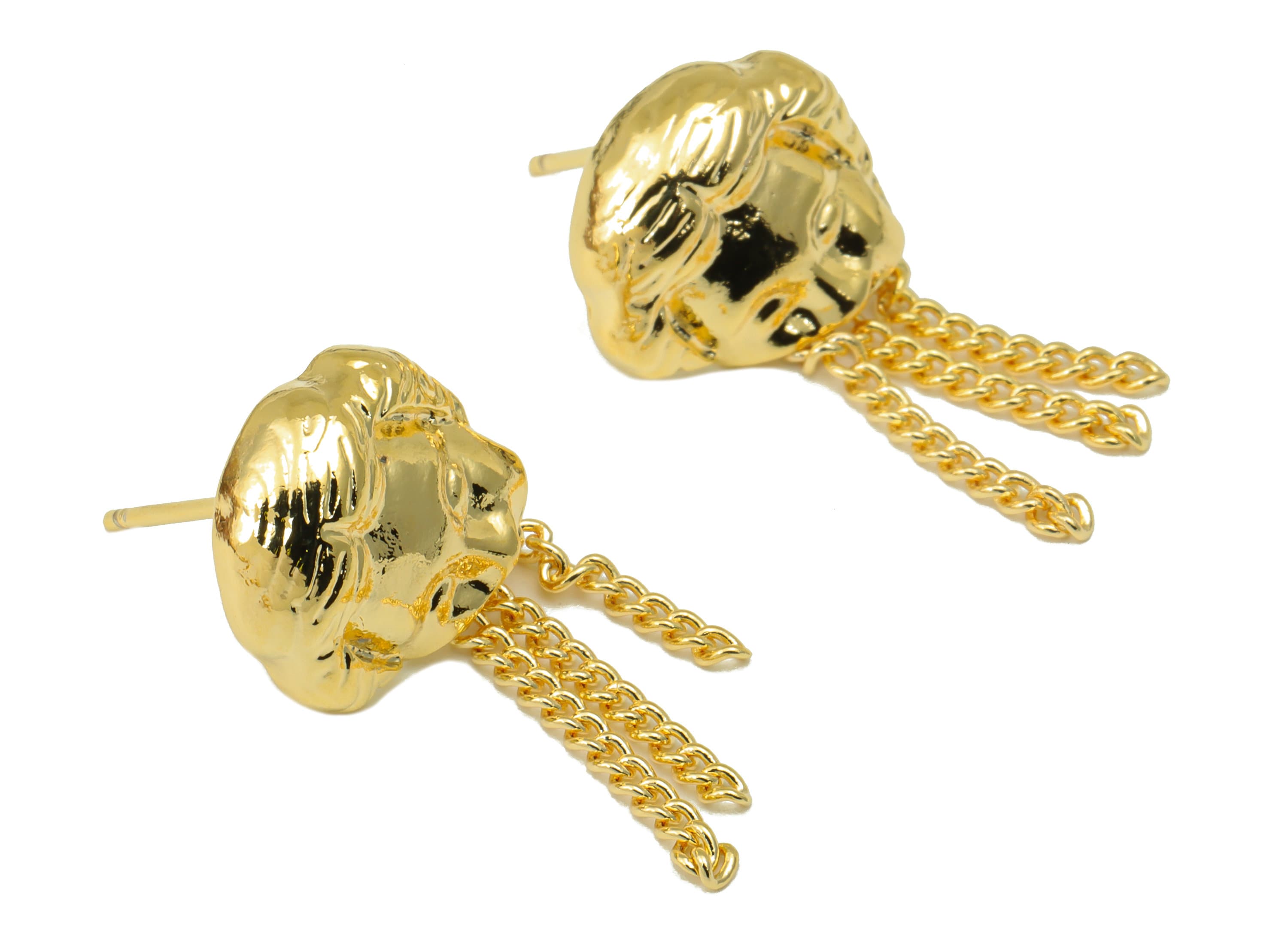 Brass Greek Portrait Earring Stud - Antique Looking Earring Post - Curb Chain Tassel Dangle Earring -18k real gold-plated -26x13x4mm-RGP6666 - DOMEDBAZAAR
