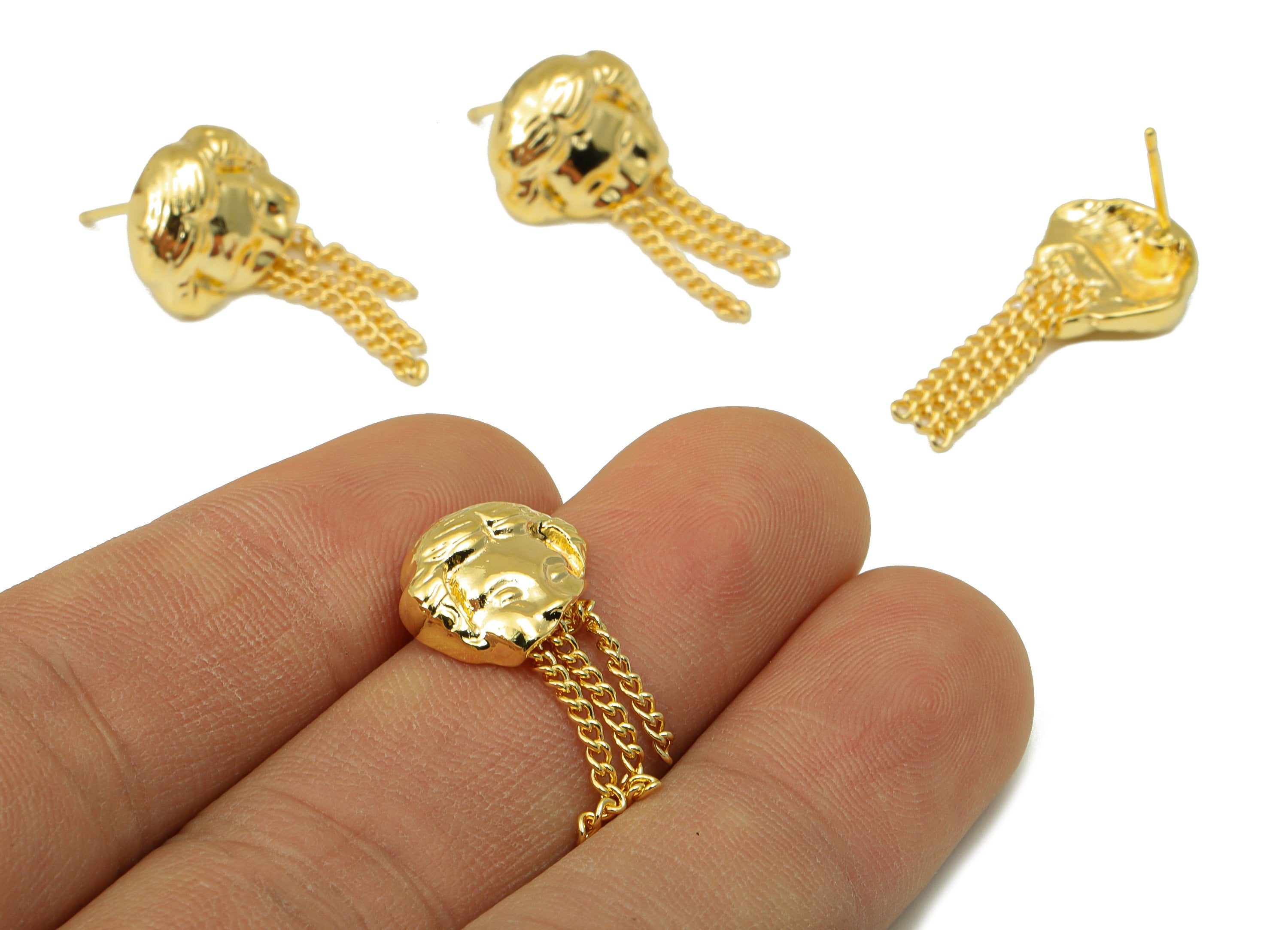 Brass Greek Portrait Earring Stud - Antique Looking Earring Post - Curb Chain Tassel Dangle Earring -18k real gold-plated -26x13x4mm-RGP6666 - DOMEDBAZAAR