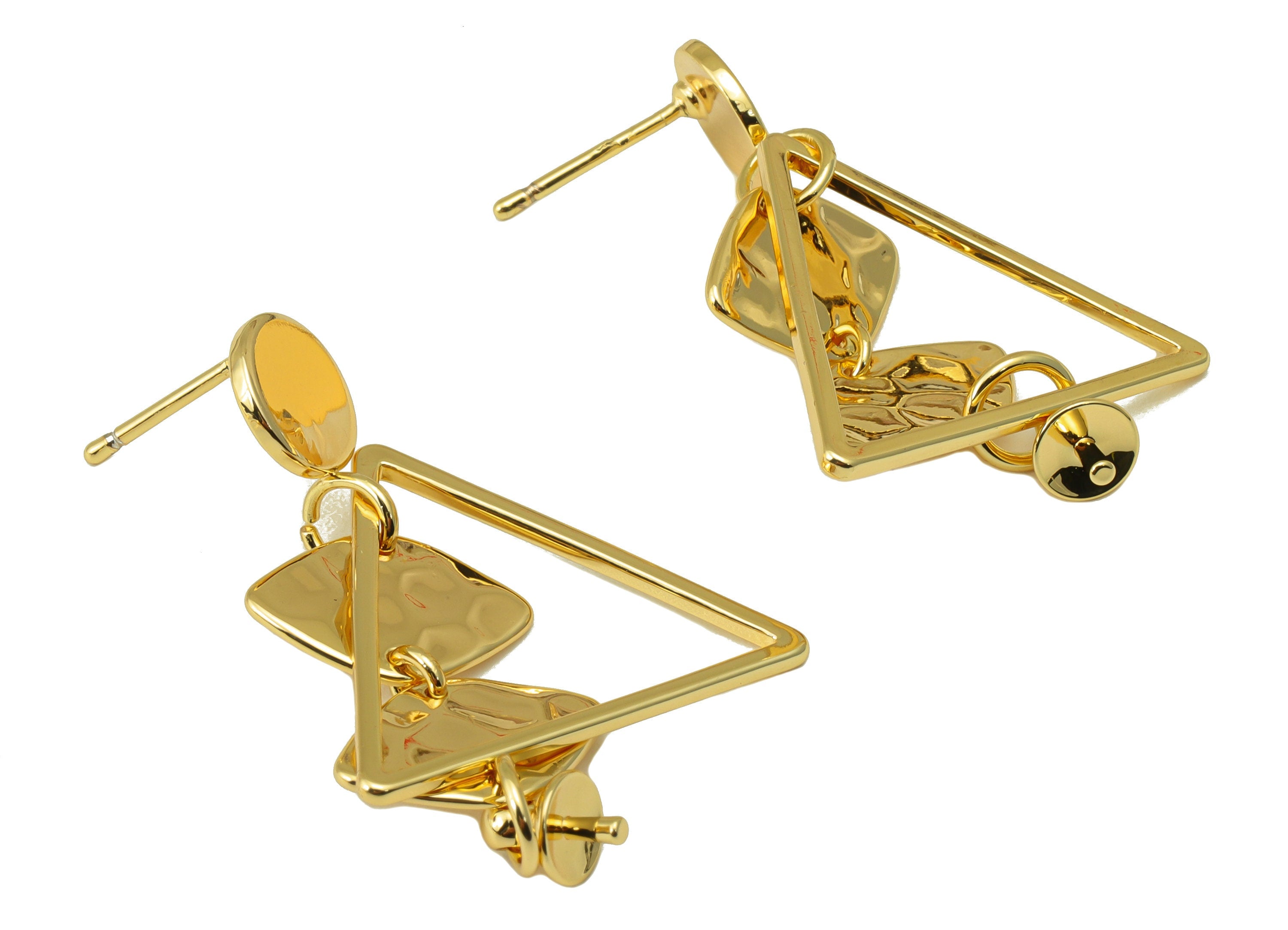 Brass Triangle Earring Stud - Hammered Hanging Diamond Earring Post- Gold Dangle Earring For Pearl- 18k Real Gold plated -39x24x2mm-RGP6659 - DOMEDBAZAAR