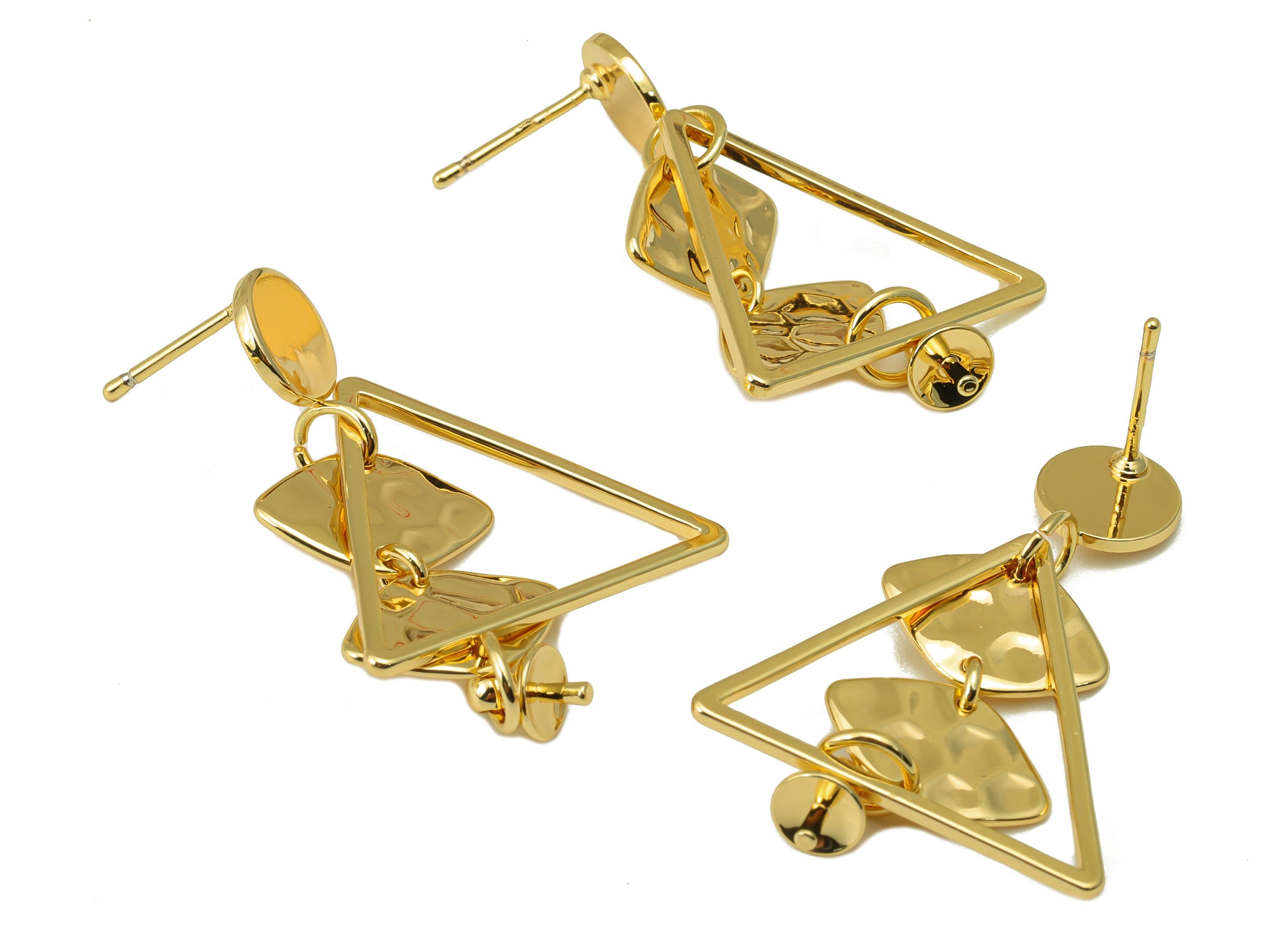 Brass Triangle Earring Stud - Hammered Hanging Diamond Earring Post- Gold Dangle Earring For Pearl- 18k Real Gold plated -39x24x2mm-RGP6659 - DOMEDBAZAAR