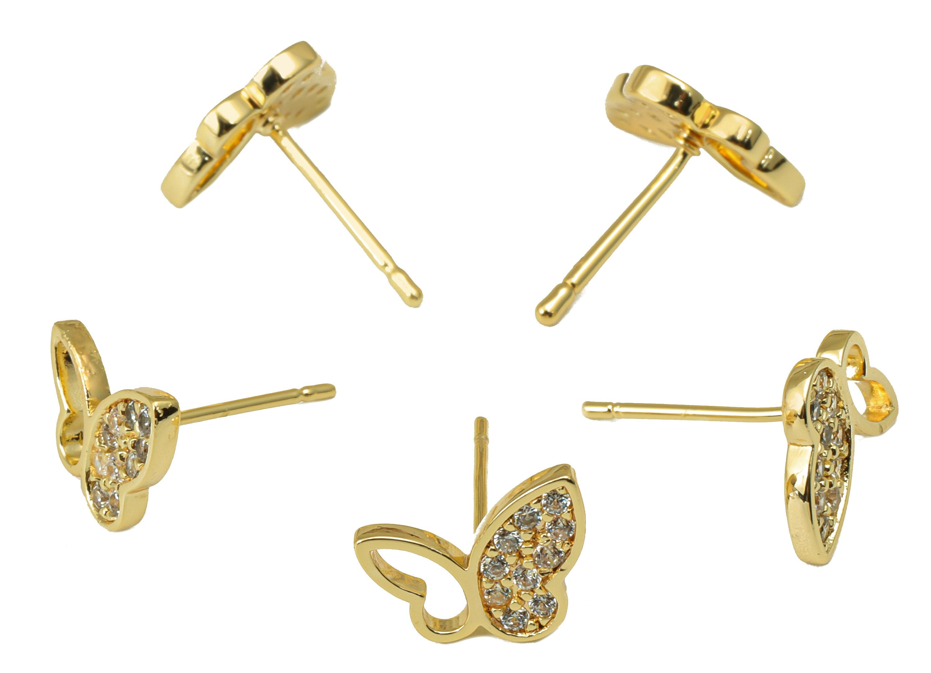 Brass Butterfly Earring Stud - Brass Cubic Zirconia Earring Post- CZ Butterfly Earring Post - 18k Real Gold plated -8.82x11.4x1.42mm-RGP6609 - DOMEDBAZAAR