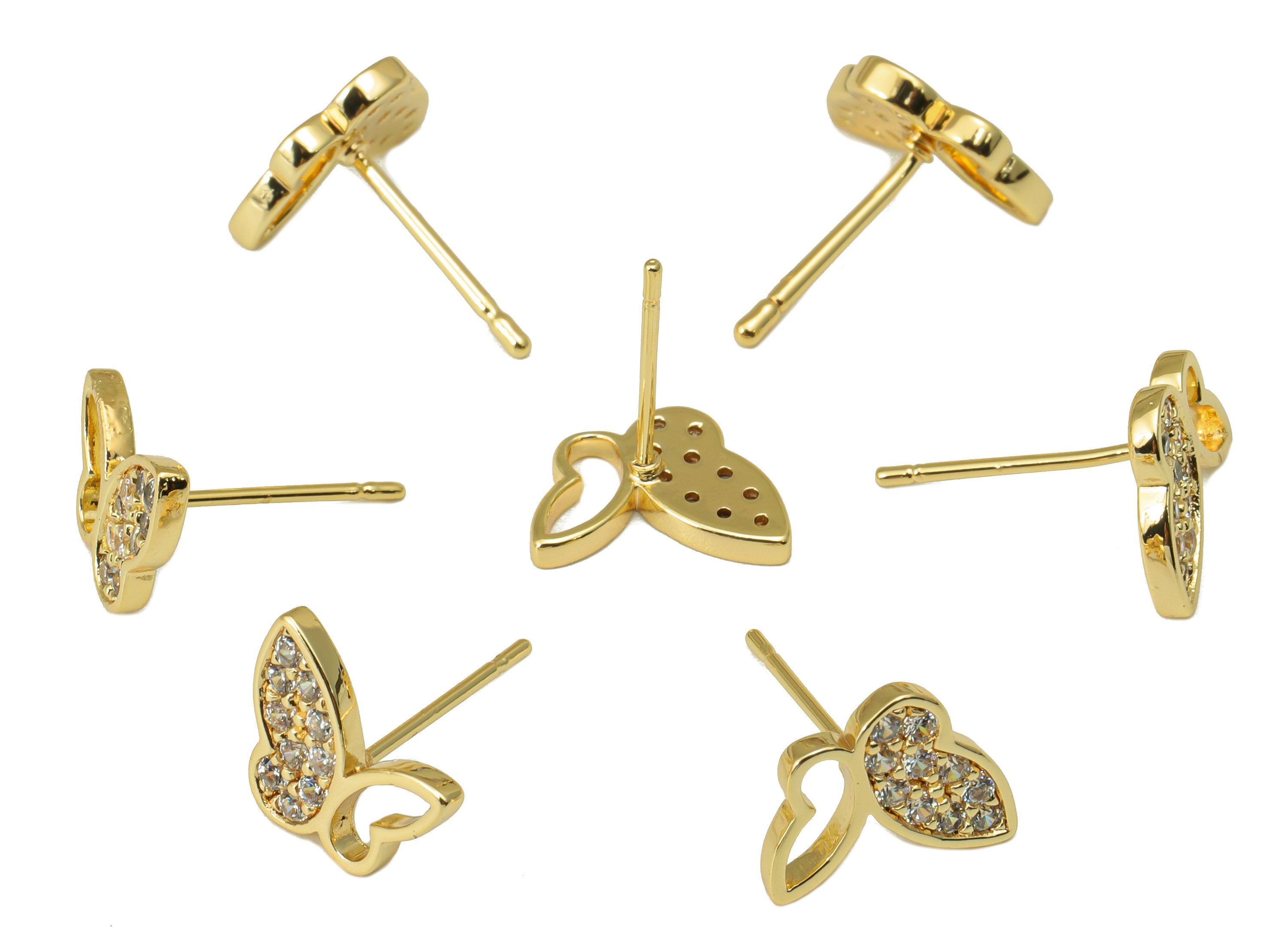 Brass Butterfly Earring Stud - Brass Cubic Zirconia Earring Post- CZ Butterfly Earring Post - 18k Real Gold plated -8.82x11.4x1.42mm-RGP6609 - DOMEDBAZAAR
