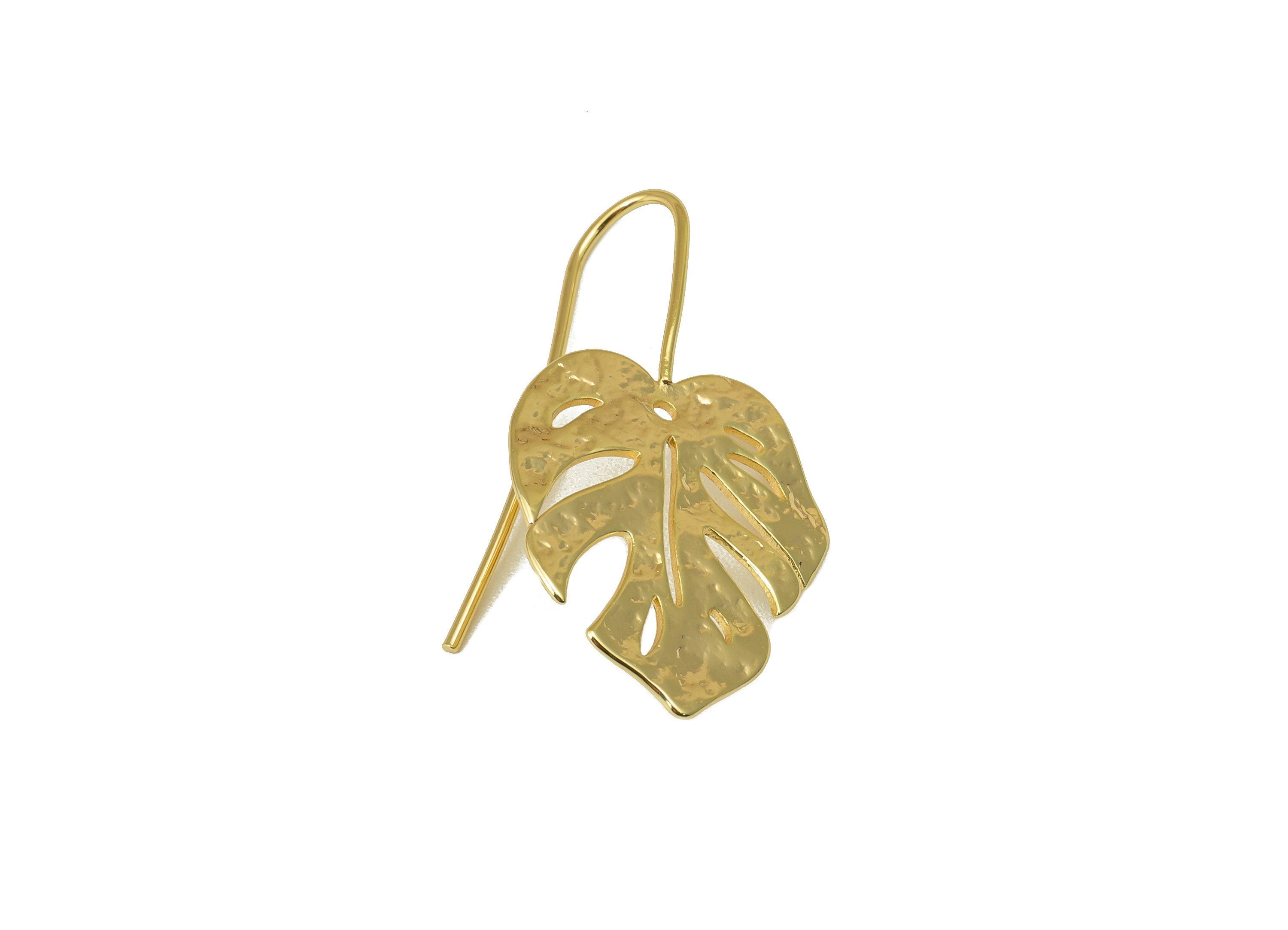 Brass Monstera Ear Wires Earring - Leaf Hook Earring -Textured Botanical Earring - Ear Earring Wire - 18k Real Gold plated-24x20x1mm-RGP6610 - DOMEDBAZAAR
