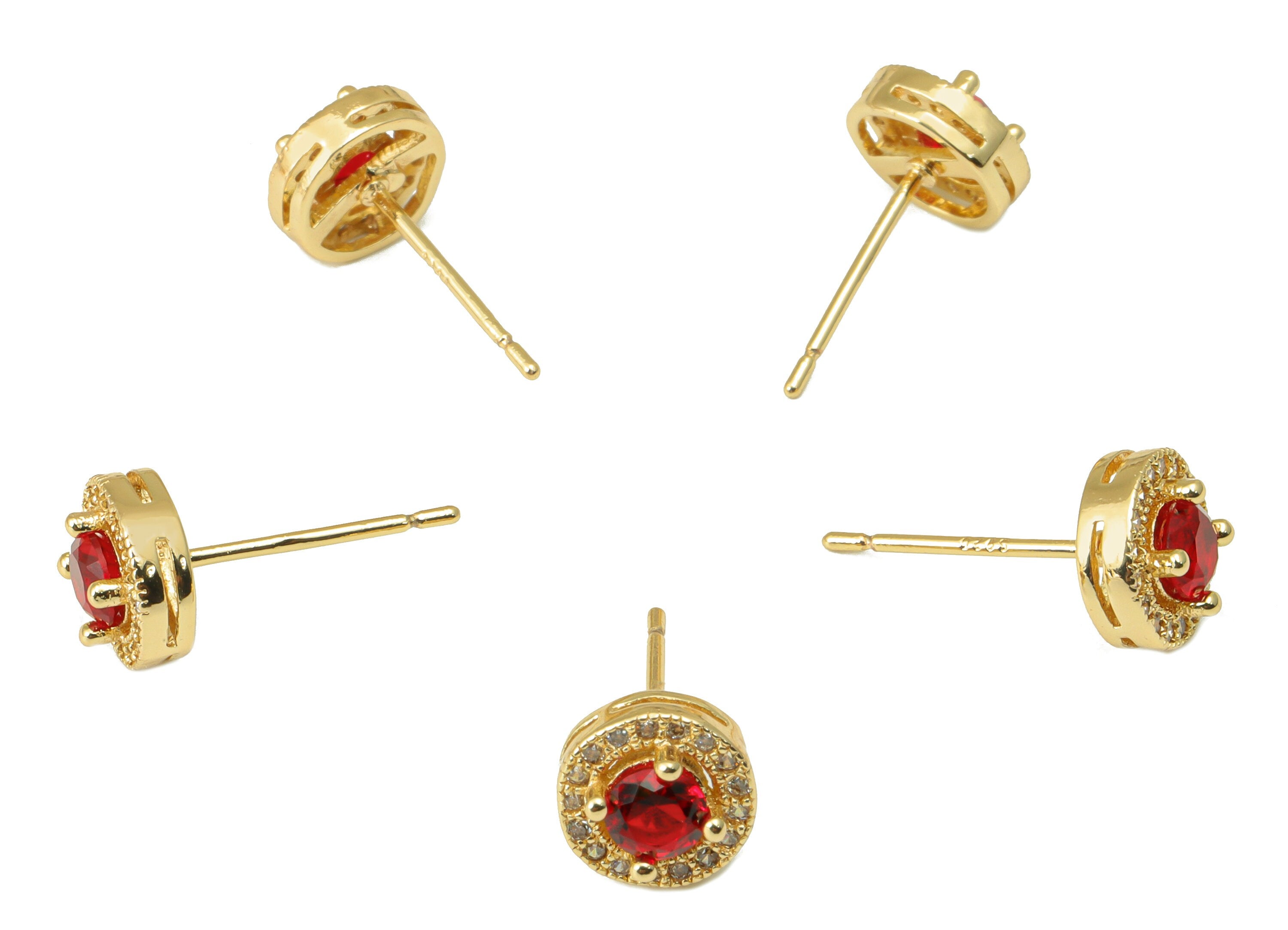 Brass Round Earring Stud - Brass Cubic Zirconia Earring Post- Red Circle CZ Earring Post - 18k Real Gold plated -15.57x7.98x3.73mm-RGP6657 - DOMEDBAZAAR