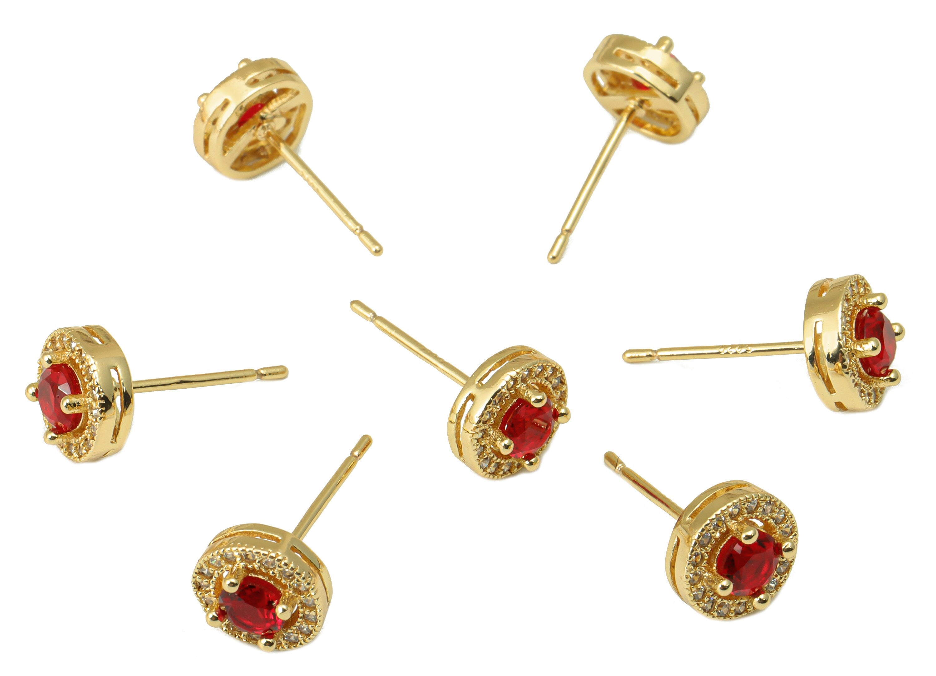 Brass Round Earring Stud - Brass Cubic Zirconia Earring Post- Red Circle CZ Earring Post - 18k Real Gold plated -15.57x7.98x3.73mm-RGP6657 - DOMEDBAZAAR