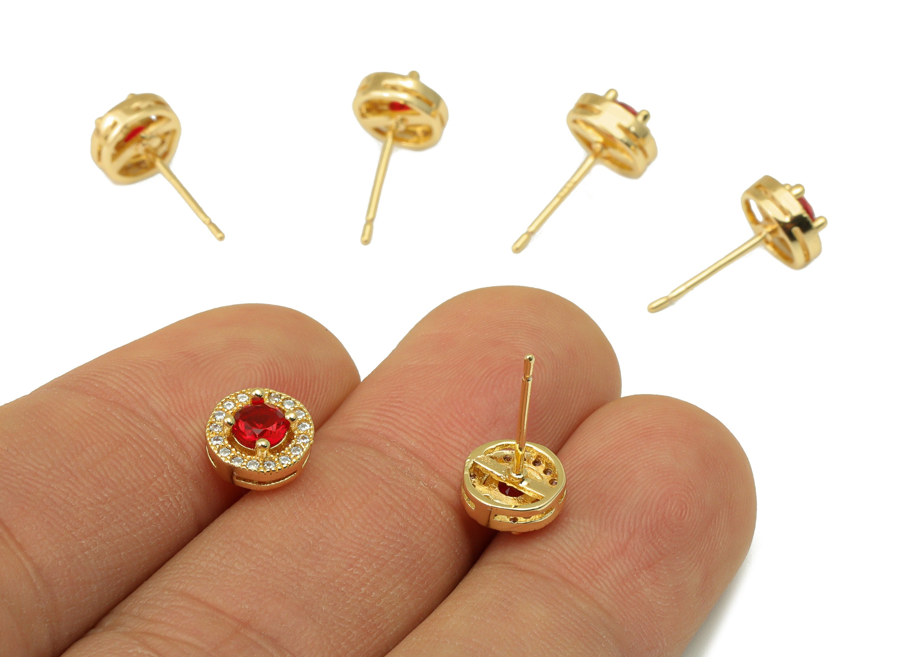 Brass Round Earring Stud - Brass Cubic Zirconia Earring Post- Red Circle CZ Earring Post - 18k Real Gold plated -15.57x7.98x3.73mm-RGP6657 - DOMEDBAZAAR