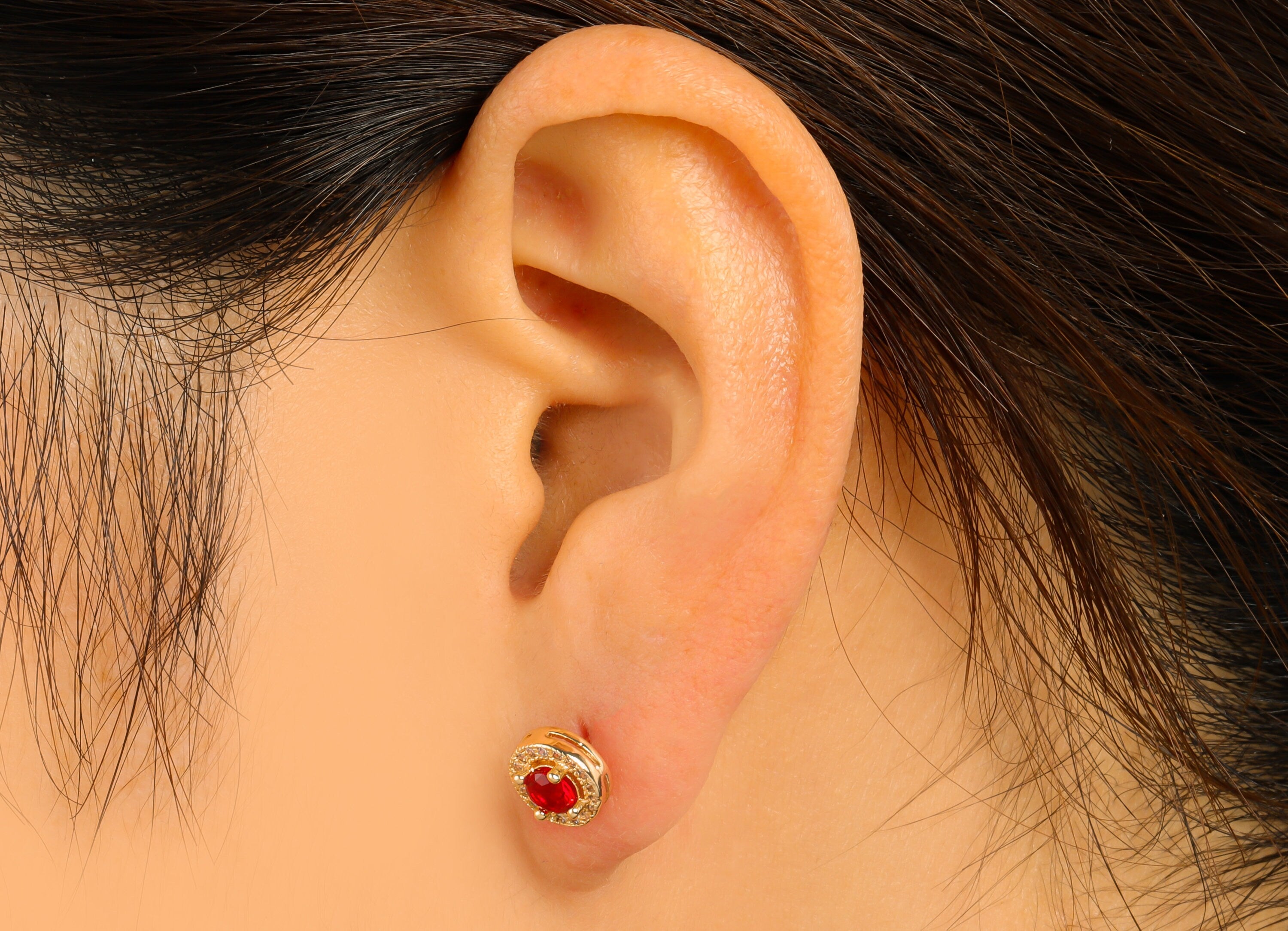 Brass Round Earring Stud - Brass Cubic Zirconia Earring Post- Red Circle CZ Earring Post - 18k Real Gold plated -15.57x7.98x3.73mm-RGP6657 - DOMEDBAZAAR