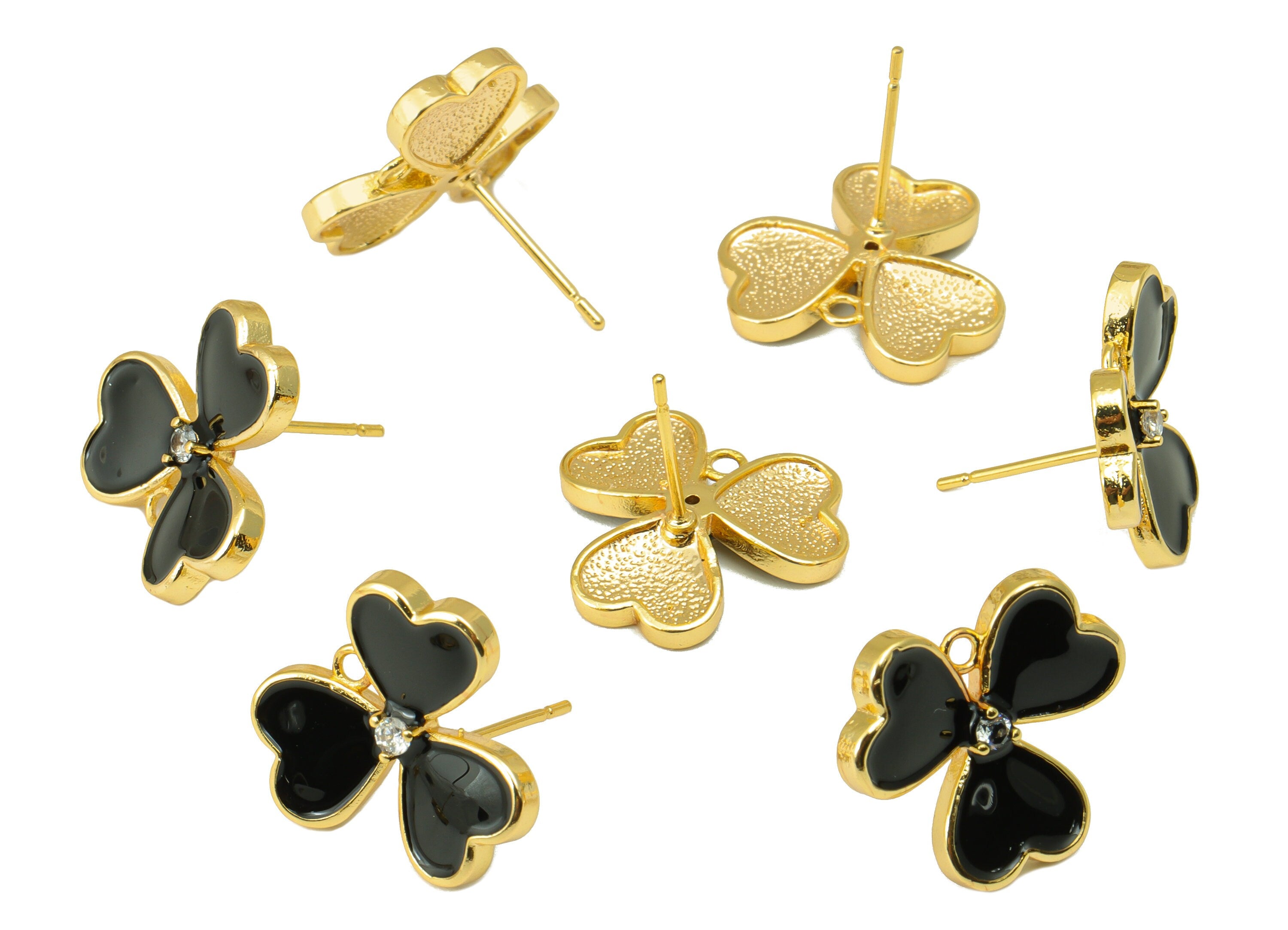 Brass Leaves Earring Stud - Enamel Zircon Clover Heart Earring Post - 316 Stainless Steel - 18k Real Gold Plating -16.1x16.1x1.9mm -RGP5233E - DOMEDBAZAAR