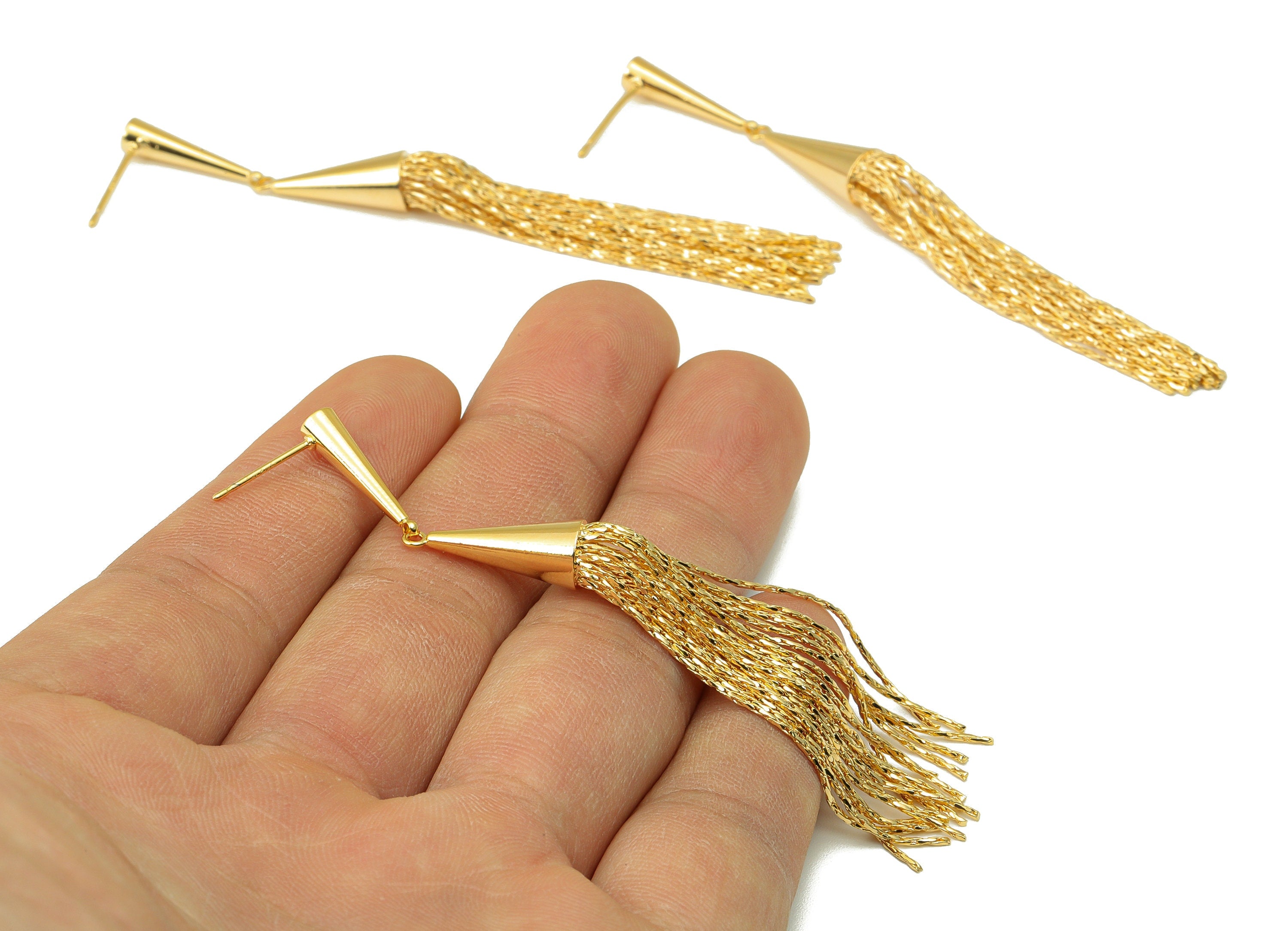 Brass Cone Earring Stud - Hanging Earring Post - Tassel Earring Post -Snake Chain Dangle Earring- 18k Real Gold plated - 81x7x7mm-RGP6665 - DOMEDBAZAAR