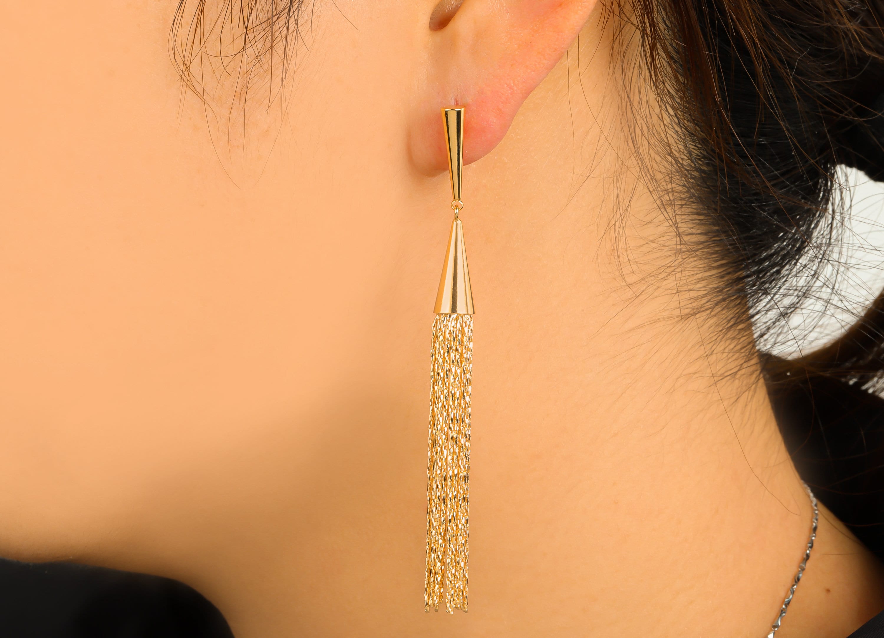 Brass Cone Earring Stud - Hanging Earring Post - Tassel Earring Post -Snake Chain Dangle Earring- 18k Real Gold plated - 81x7x7mm-RGP6665 - DOMEDBAZAAR