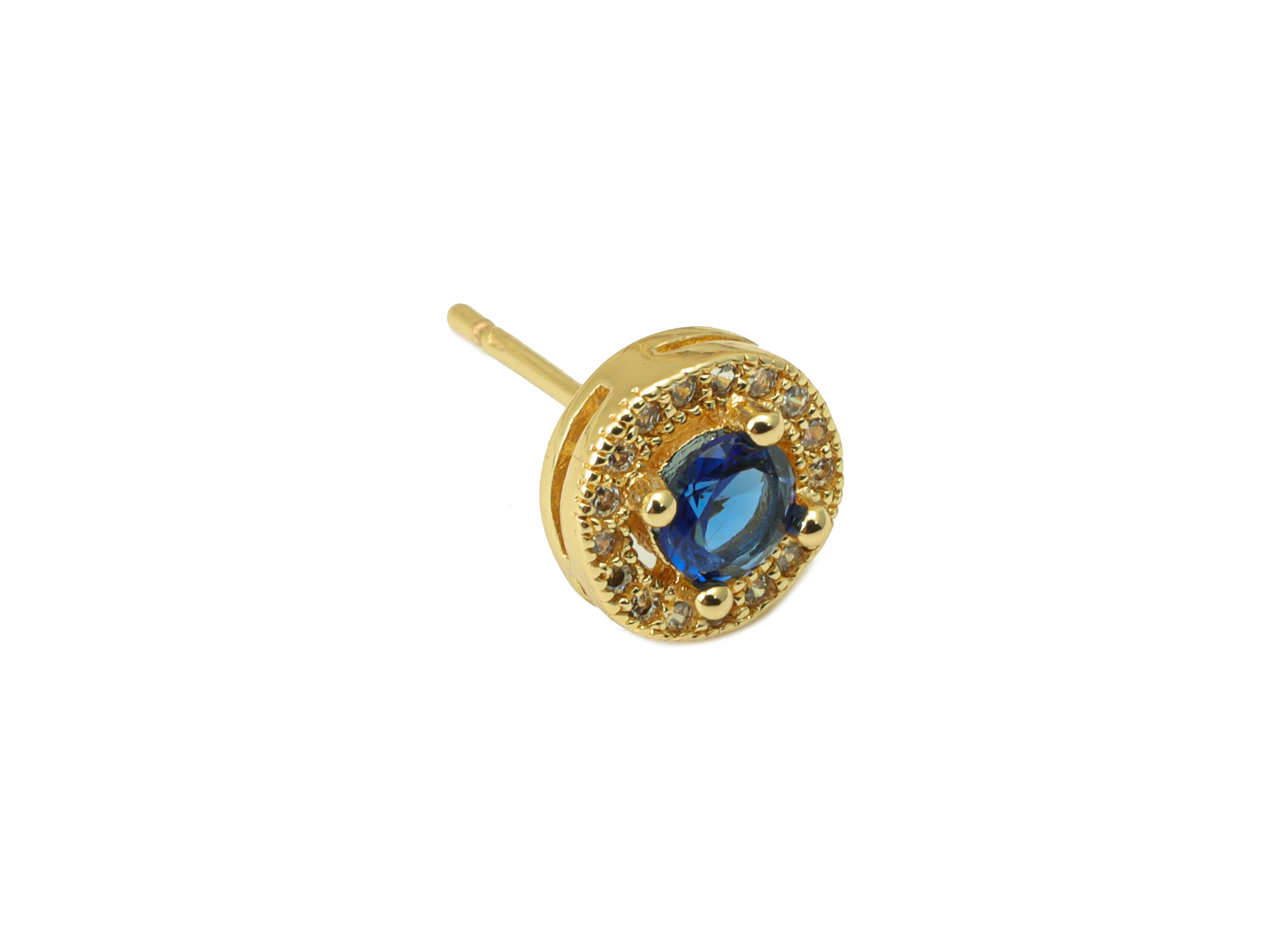 Brass Round Earring Stud - Brass Cubic Zirconia Earring Post- Blue CZ Earring Post - 18k Real Gold plated -15.57x7.98x3.73mm-RGP6656 - DOMEDBAZAAR