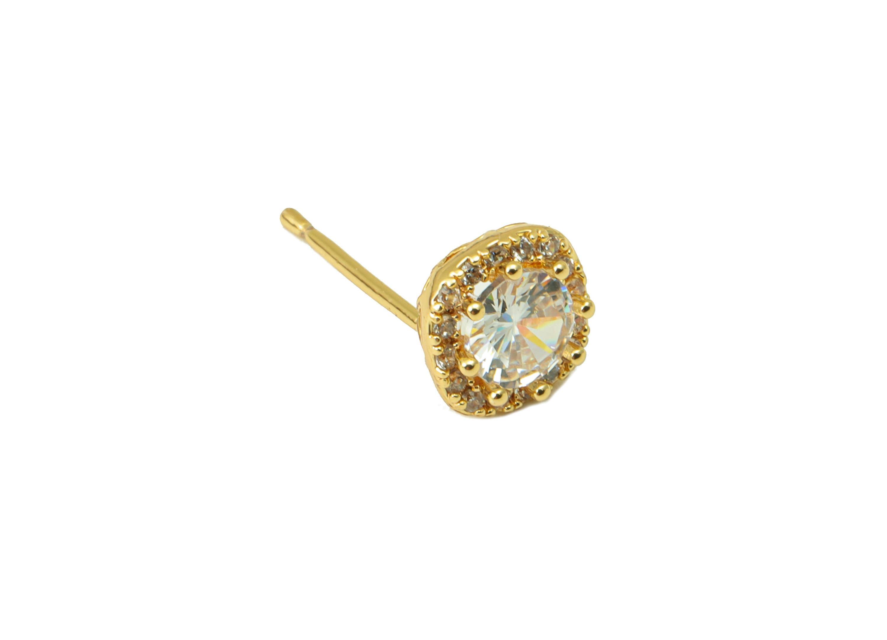 Brass Round Earring Stud - Brass Cubic Zirconia Earring Post- Circle CZ Earring Post - 18k Real Gold plated - 16.2x7.52x4.02mm-RGP6658 - DOMEDBAZAAR