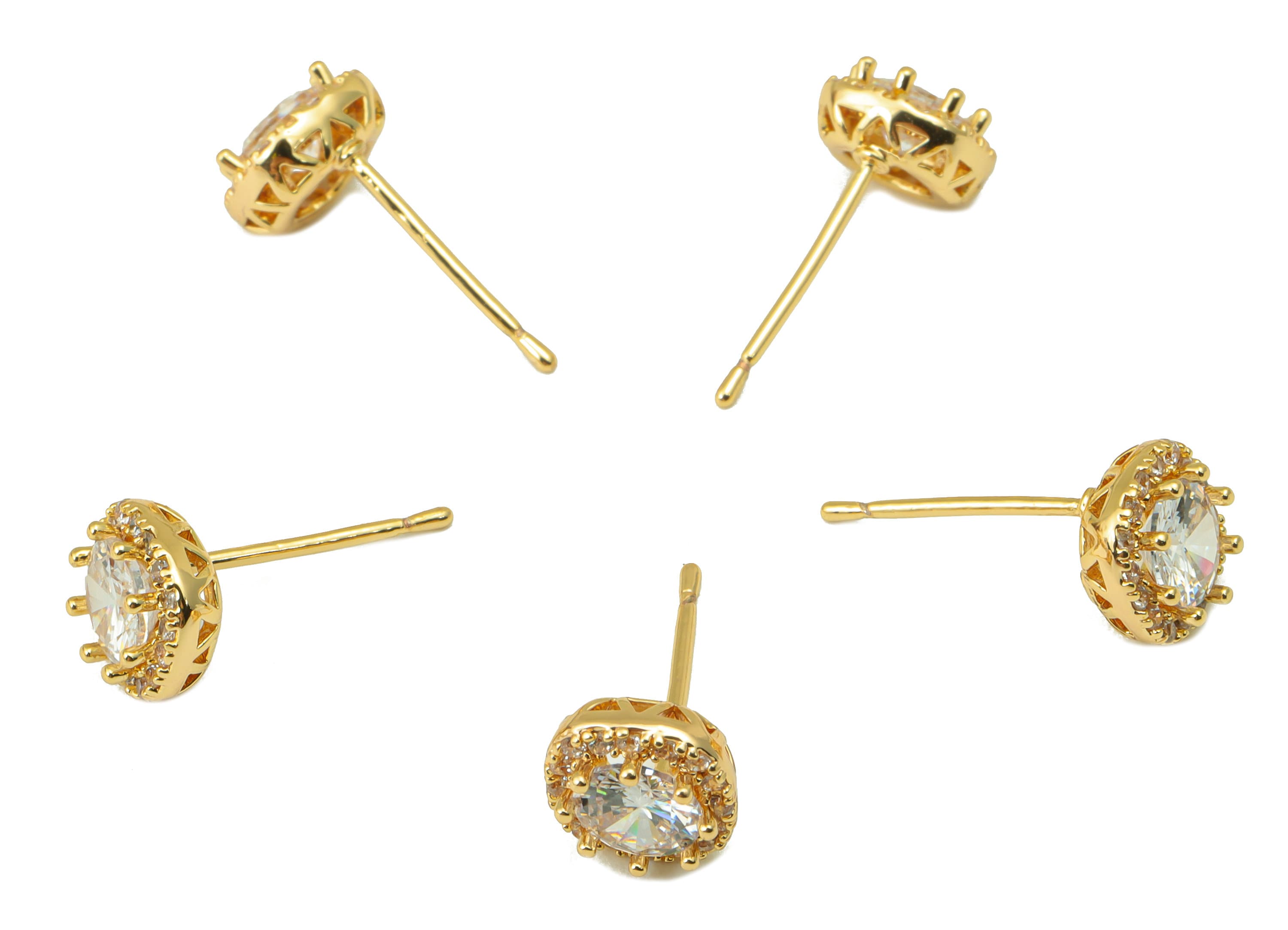 Brass Round Earring Stud - Brass Cubic Zirconia Earring Post- Circle CZ Earring Post - 18k Real Gold plated - 16.2x7.52x4.02mm-RGP6658 - DOMEDBAZAAR
