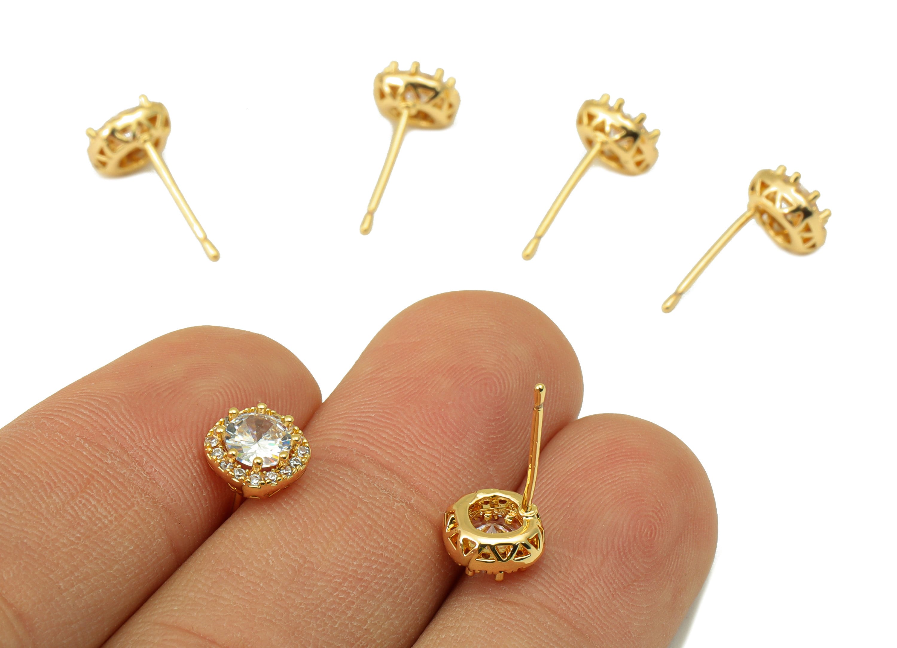 Brass Round Earring Stud - Brass Cubic Zirconia Earring Post- Circle CZ Earring Post - 18k Real Gold plated - 16.2x7.52x4.02mm-RGP6658 - DOMEDBAZAAR
