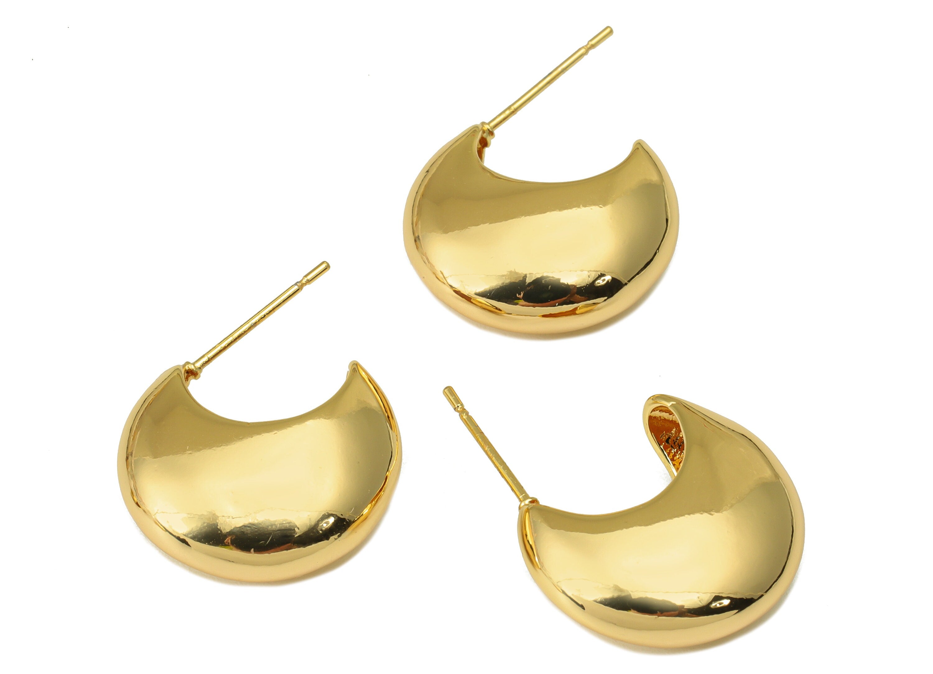Brass Crescent Earring Stud - Brass Thick Moon Earring Post - Hollow Moon Earring Post - 18k Real Gold plated -28x18.68x1.19mm-RGP6648 - DOMEDBAZAAR