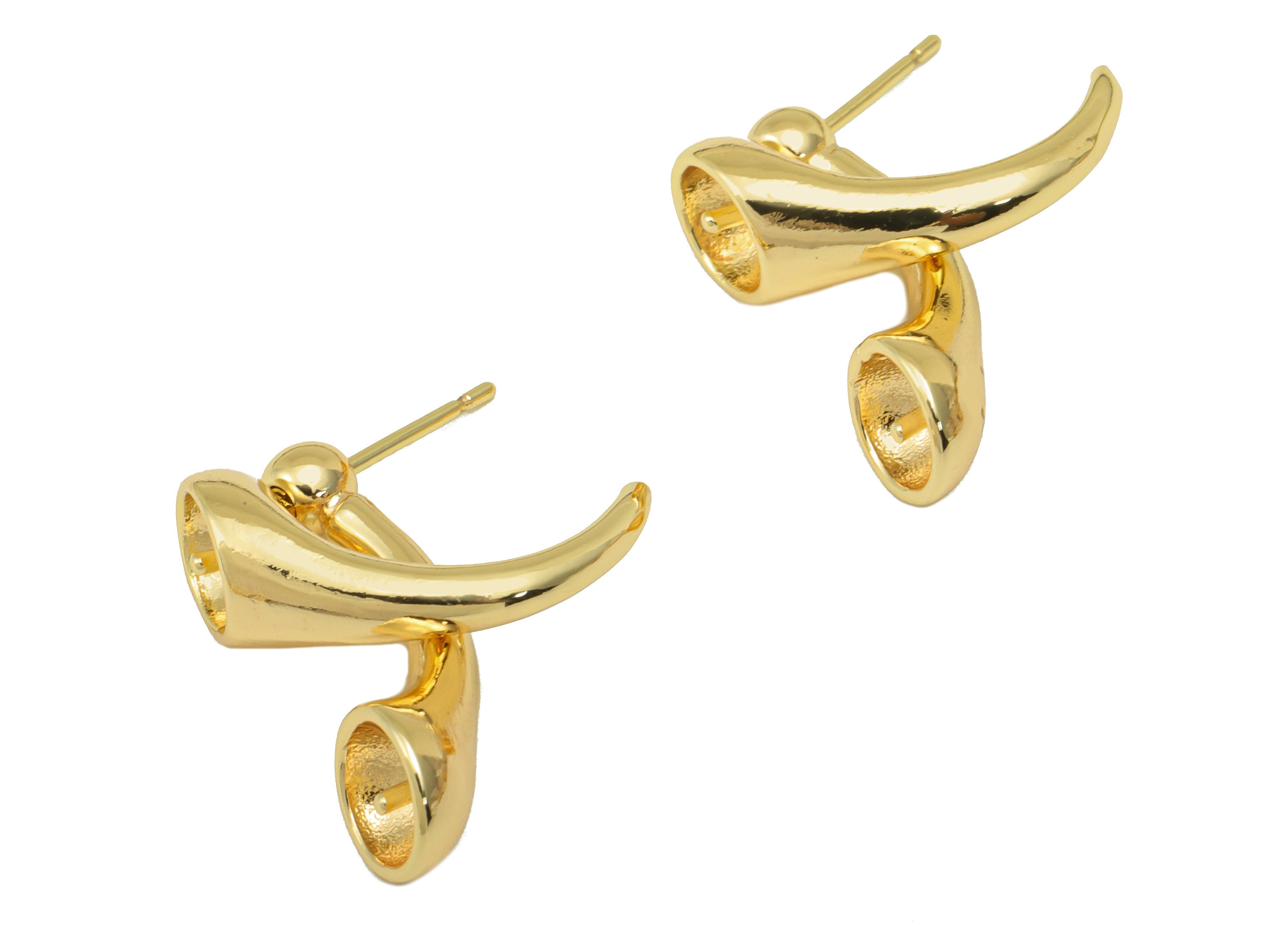 Brass Ox Horn Earring Stud - Horn Earring Posts - Horn Earring Stud For Pearl - Stainless Steel - 18K Real Gold Plated - 22x19x7mm- RGP6468 - DOMEDBAZAAR