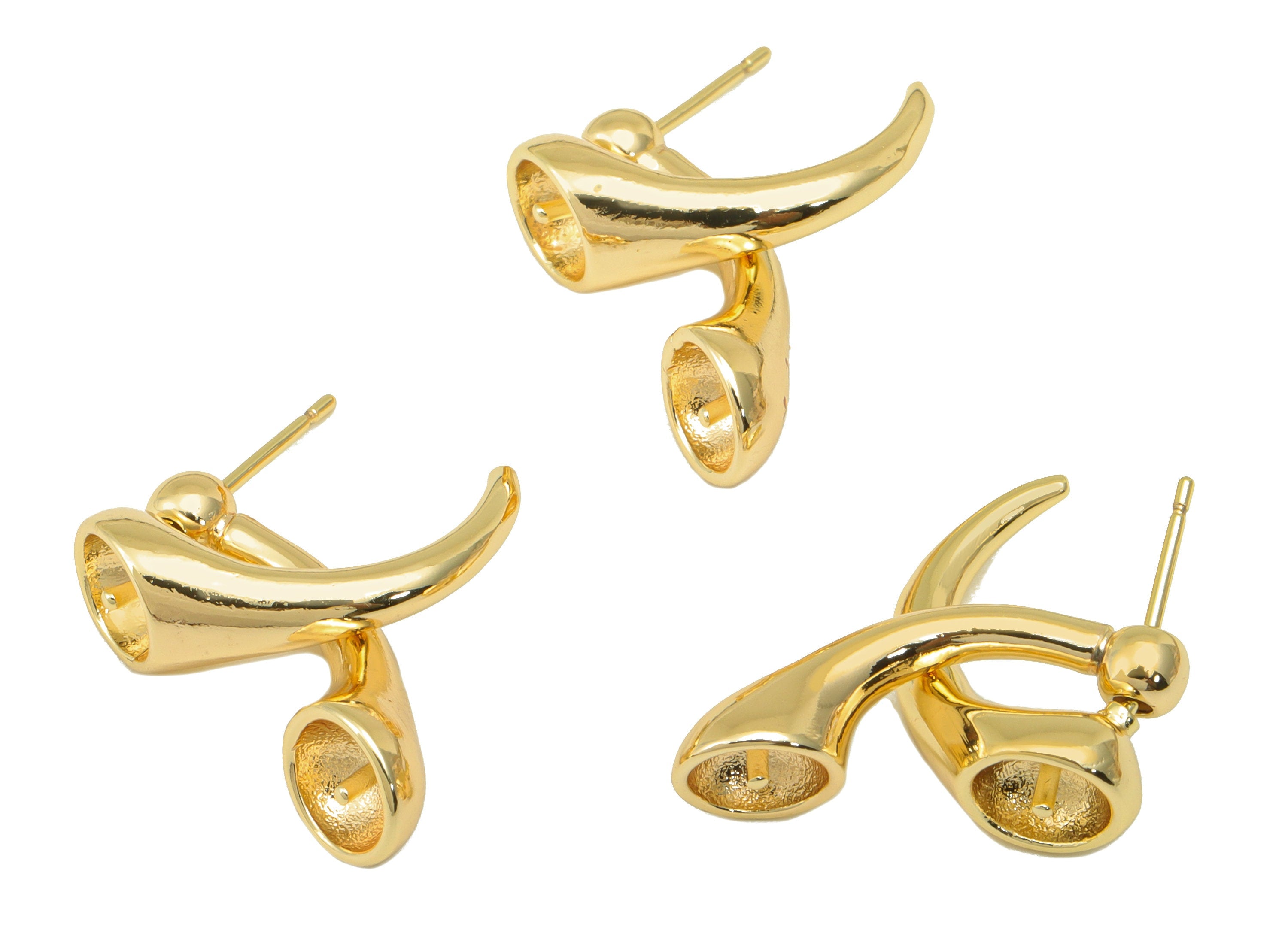 Brass Ox Horn Earring Stud - Horn Earring Posts - Horn Earring Stud For Pearl - Stainless Steel - 18K Real Gold Plated - 22x19x7mm- RGP6468 - DOMEDBAZAAR