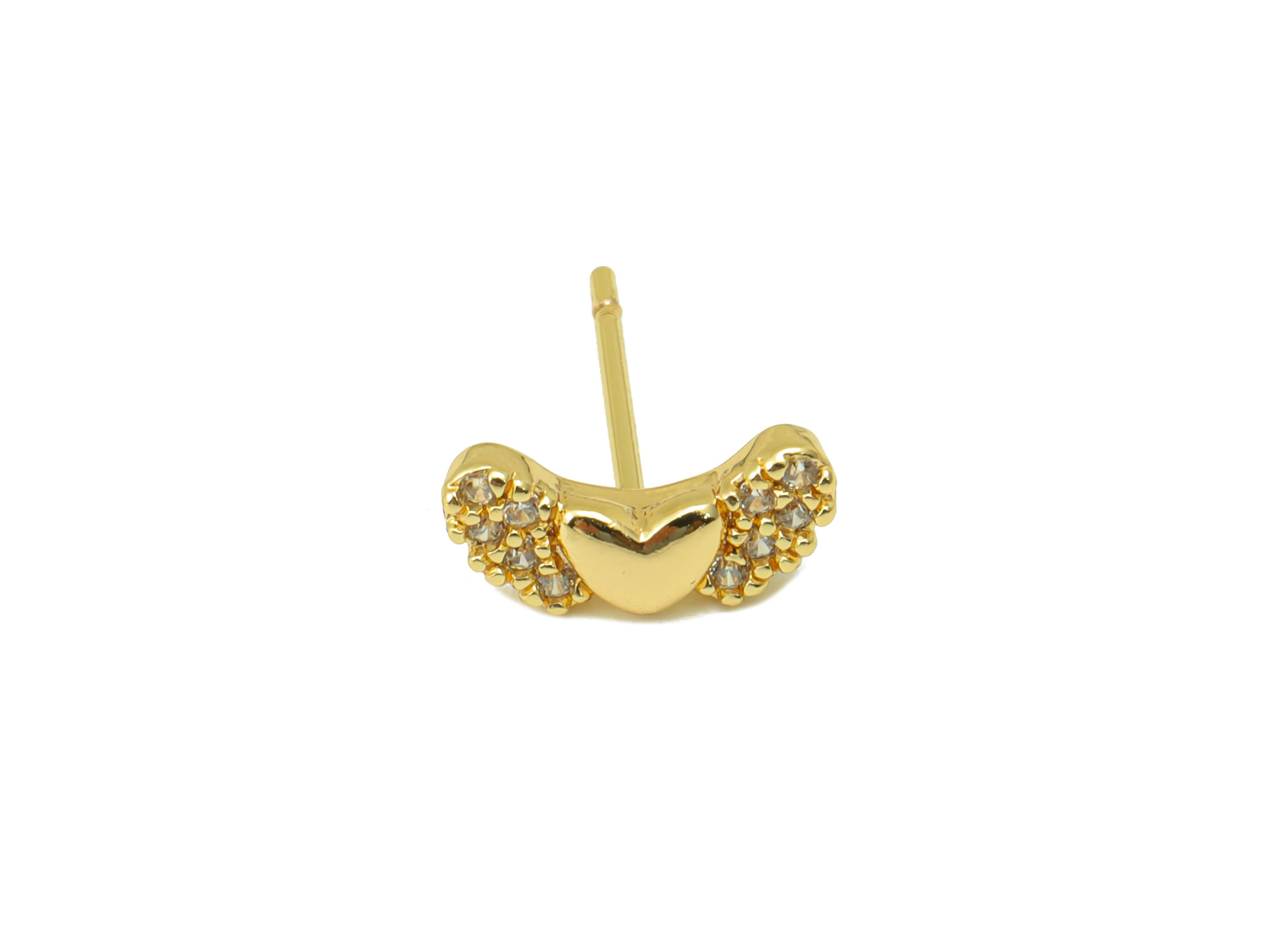 Brass Heart Earring Stud - Cubic Zirconia Earring Post - Butterfly Bow Stud - Heart Wings Earring - 18K Real Gold Plated - 11x5x2mm- RGP6403 - DOMEDBAZAAR