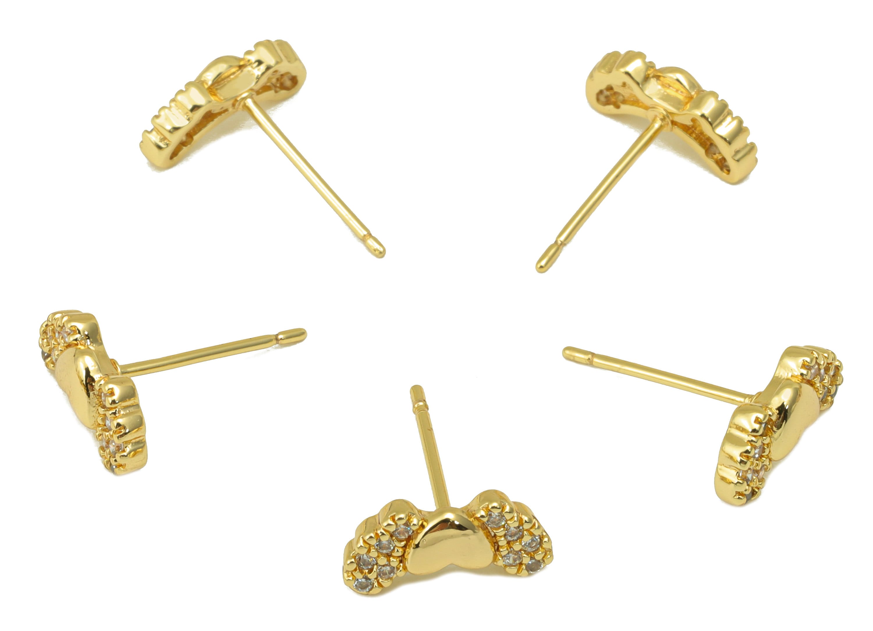Brass Heart Earring Stud - Cubic Zirconia Earring Post - Butterfly Bow Stud - Heart Wings Earring - 18K Real Gold Plated - 11x5x2mm- RGP6403 - DOMEDBAZAAR