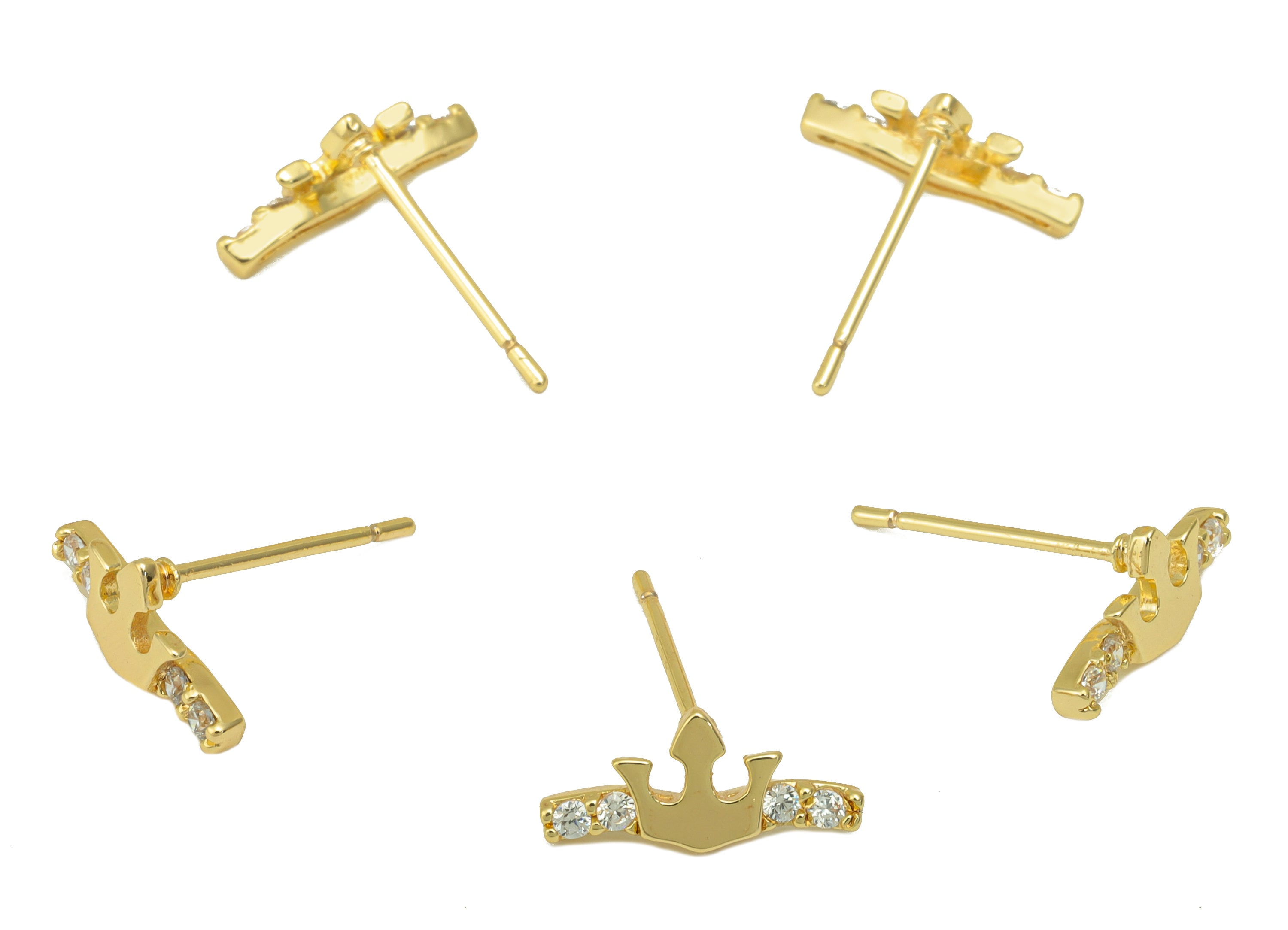 Brass Crown Earring Stud - Fork Earring Post - Cubic Zirconia Stud - Stainless Steel - 18K Real Gold Plated - 12x5.71x 2.16mm- RGP6419 - DOMEDBAZAAR
