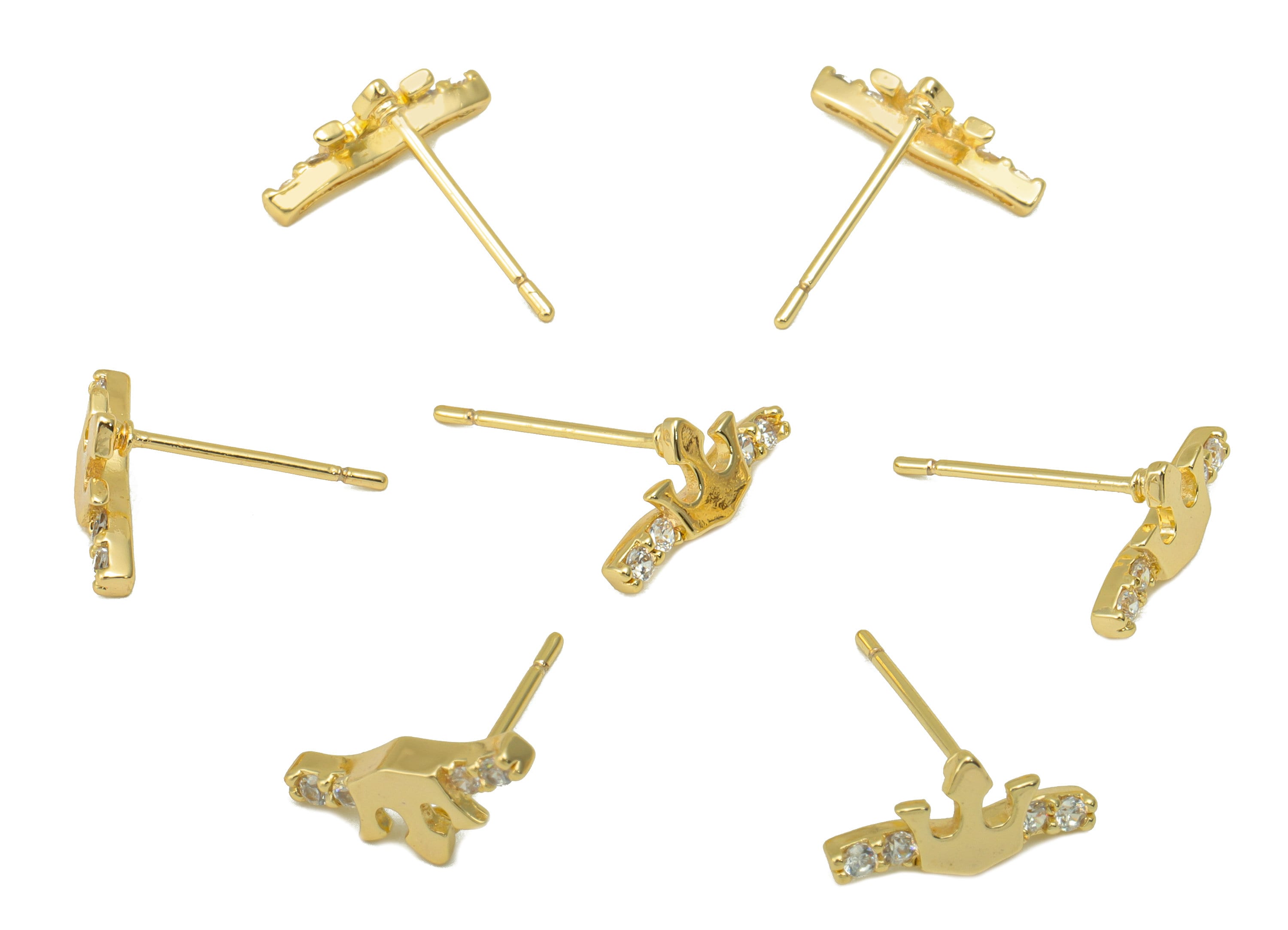 Brass Crown Earring Stud - Fork Earring Post - Cubic Zirconia Stud - Stainless Steel - 18K Real Gold Plated - 12x5.71x 2.16mm- RGP6419 - DOMEDBAZAAR