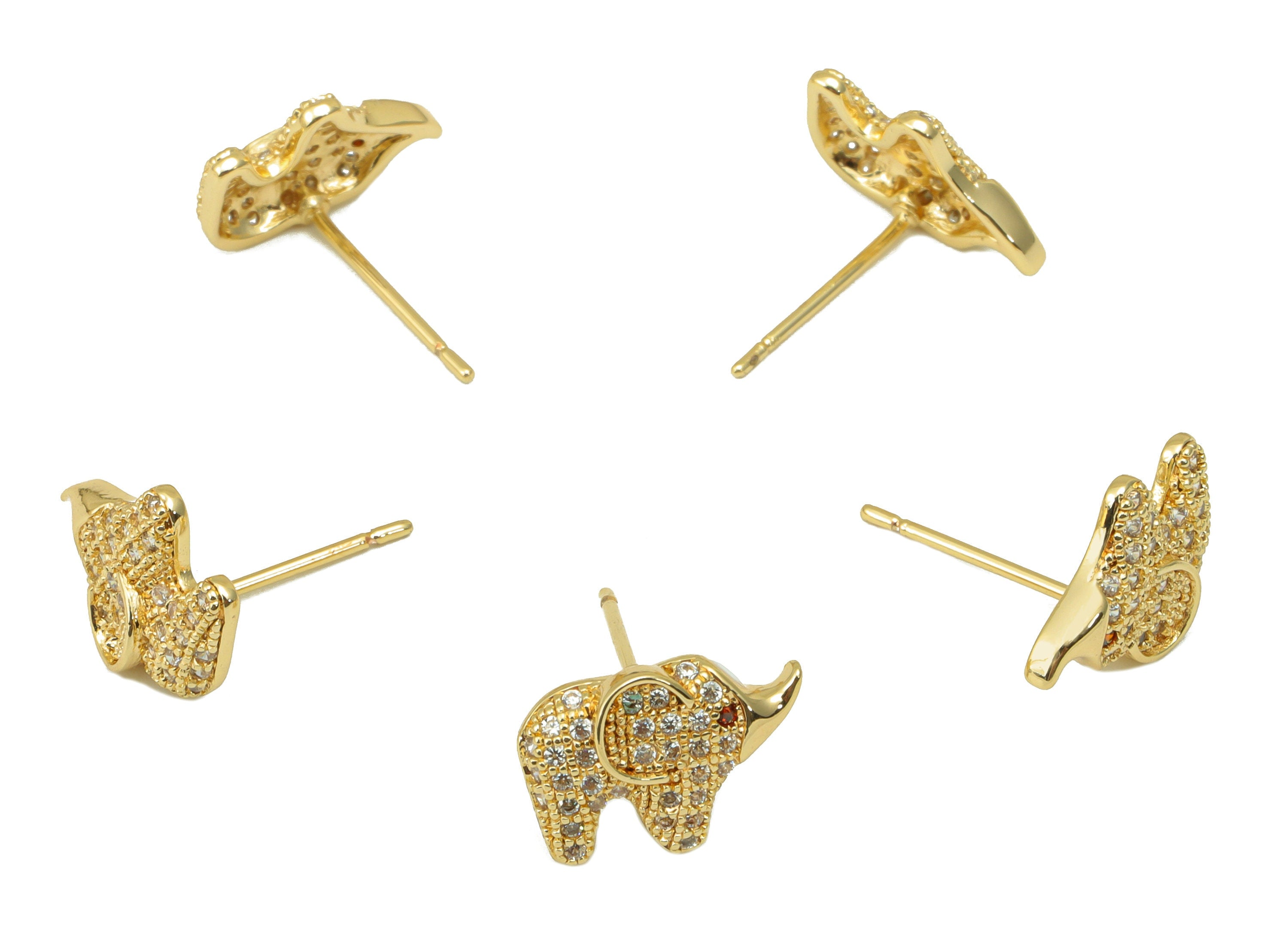 Brass Elephant Earring Stud - Elephant Earring Post - Cubic Zirconia Stud - Stainless Steel - 18K Real Gold Plated - 13x9.19x2.69mm- RGP6444 - DOMEDBAZAAR