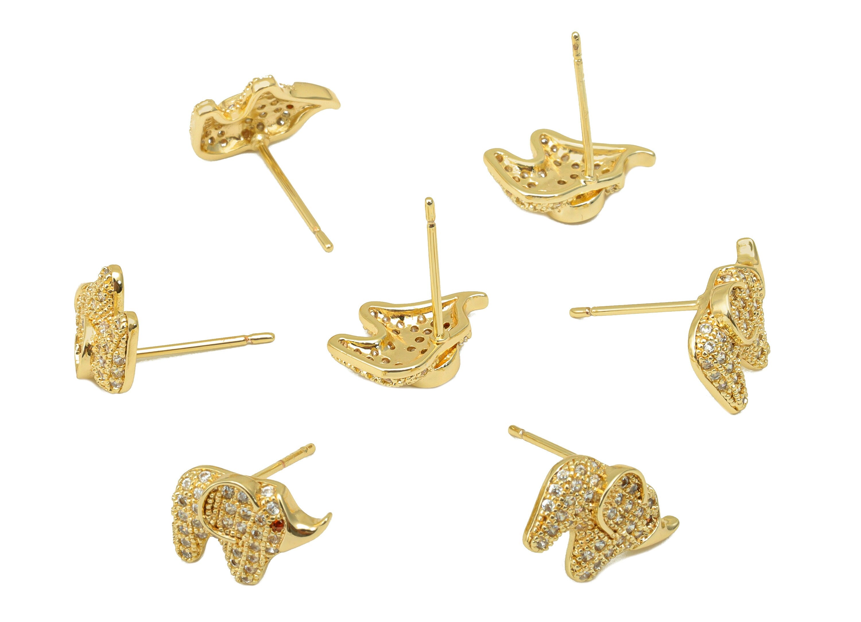 Brass Elephant Earring Stud - Elephant Earring Post - Cubic Zirconia Stud - Stainless Steel - 18K Real Gold Plated - 13x9.19x2.69mm- RGP6444 - DOMEDBAZAAR