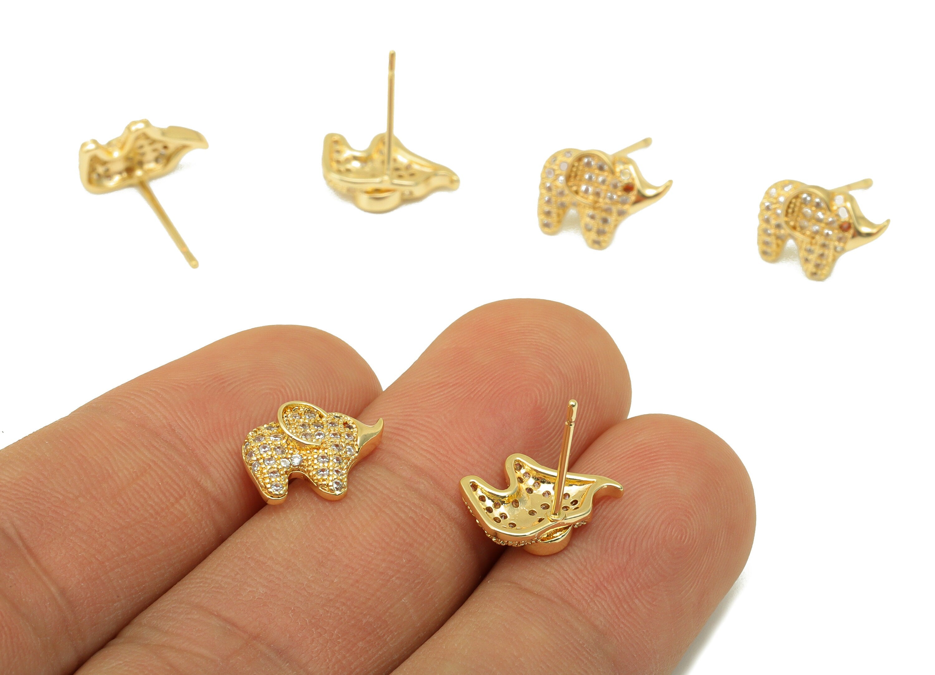 Brass Elephant Earring Stud - Elephant Earring Post - Cubic Zirconia Stud - Stainless Steel - 18K Real Gold Plated - 13x9.19x2.69mm- RGP6444 - DOMEDBAZAAR