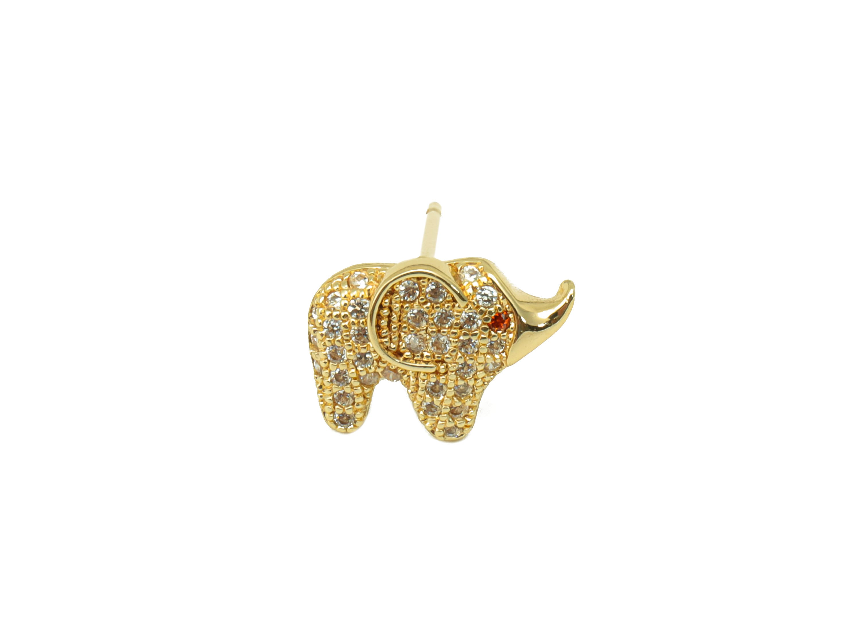 Brass Elephant Earring Stud - Elephant Earring Post - Cubic Zirconia Stud - Stainless Steel - 18K Real Gold Plated - 13x9.19x2.69mm- RGP6444 - DOMEDBAZAAR